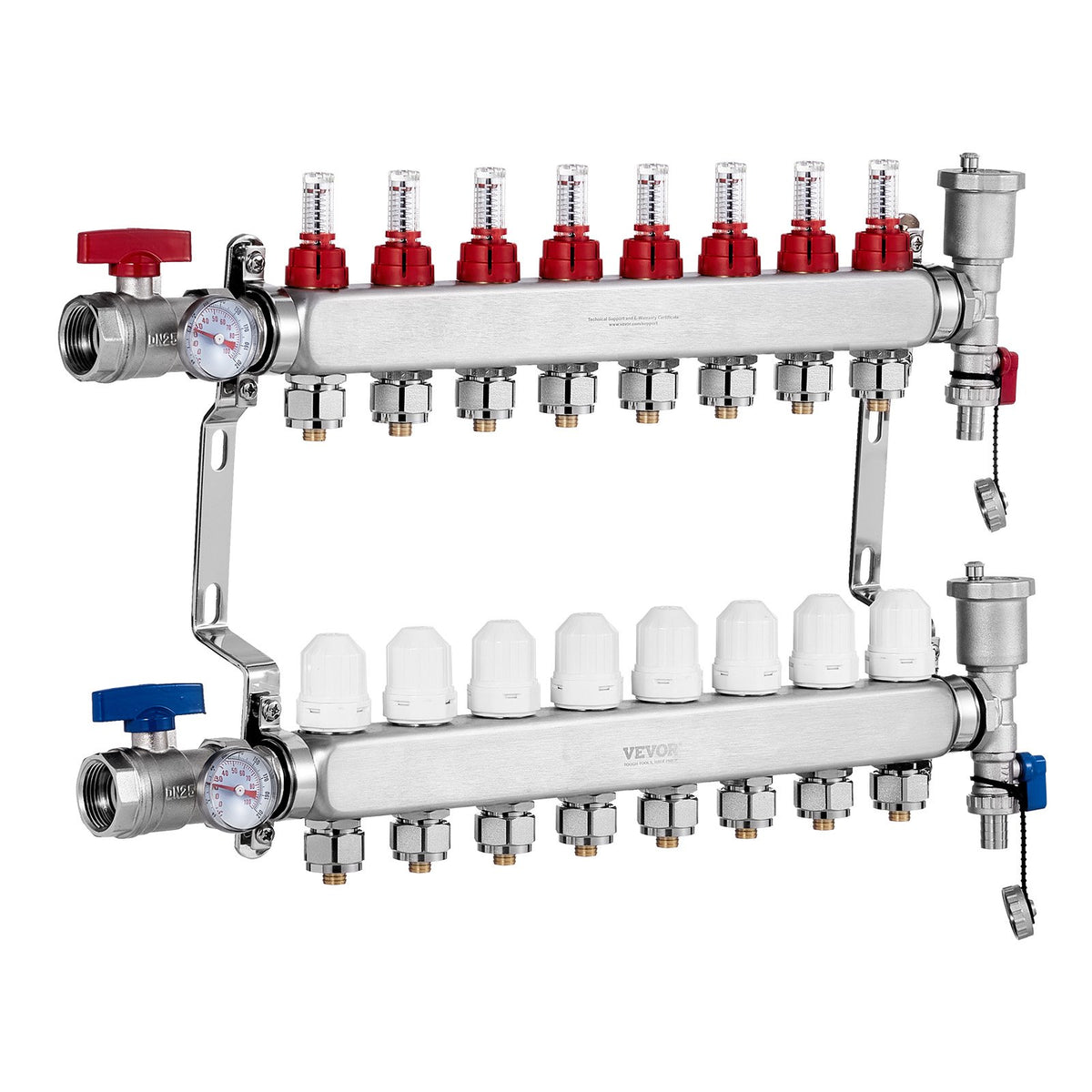 VEVOR 8-Branch Radiant Heat Manifold, 1/2" PEX Tubing Manifold, Stainless Steel PEX Manifold for Hydronic Radiant Floor Heating, Radiant Heat PEX Manifold Kit with 1/2" Adapters Included - DRFSQBXG8HL0IHXPWV0 - view 10
