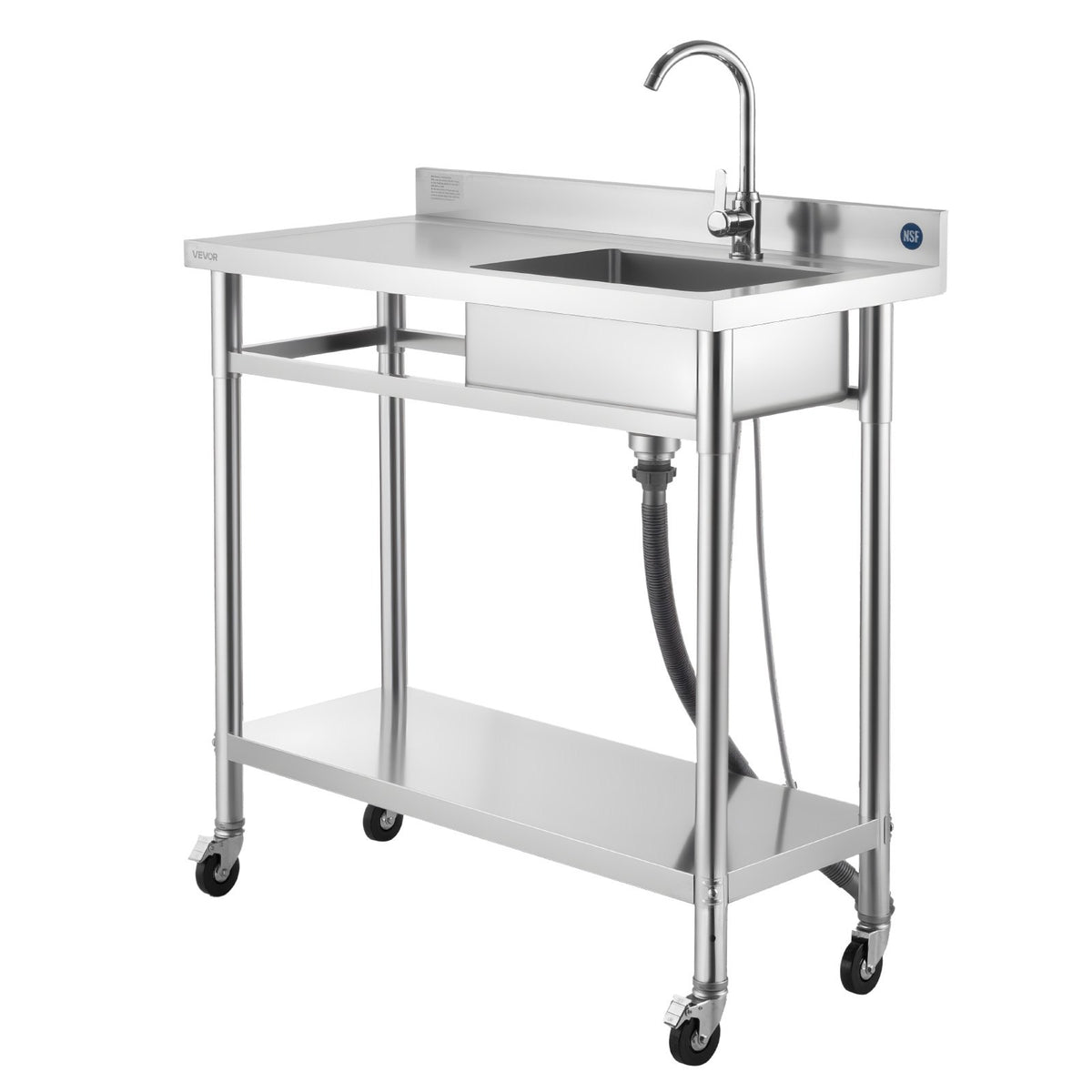 VEVOR Stainless Steel Utility Sink, Rolling Single Bowl Commercial Kitchen Sink with Wheels, Faucet and Hot & Cold Water Pipe, Utility Basin Workbench for Garage Restaurant Laundry 39.4 x 19.7 x 41.5 in - DSCDGZT100CMAR1OM001V0 - view 10