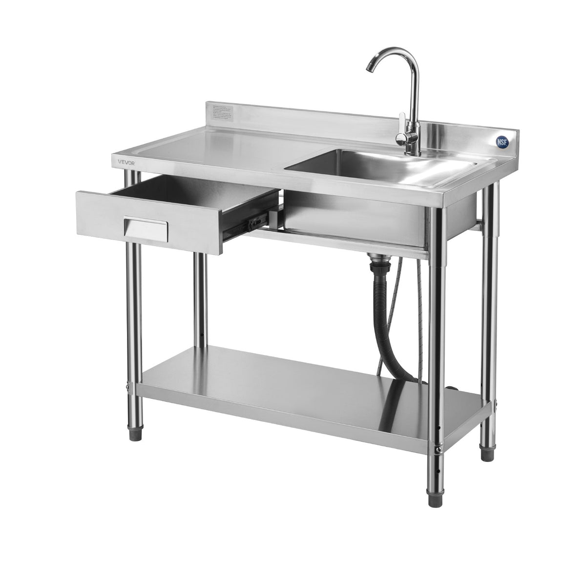 VEVOR Stainless Steel Utility Sink, Free Standing Single Bowl Commercial Kitchen Sink with Drawer, Faucet and Hot & Cold Water Pipe, Utility Basin for Garage Restaurant Laundry, 39.4 x 19.7 x 37 in - DSCDGZT100CMF4TIC001V0 - view 10
