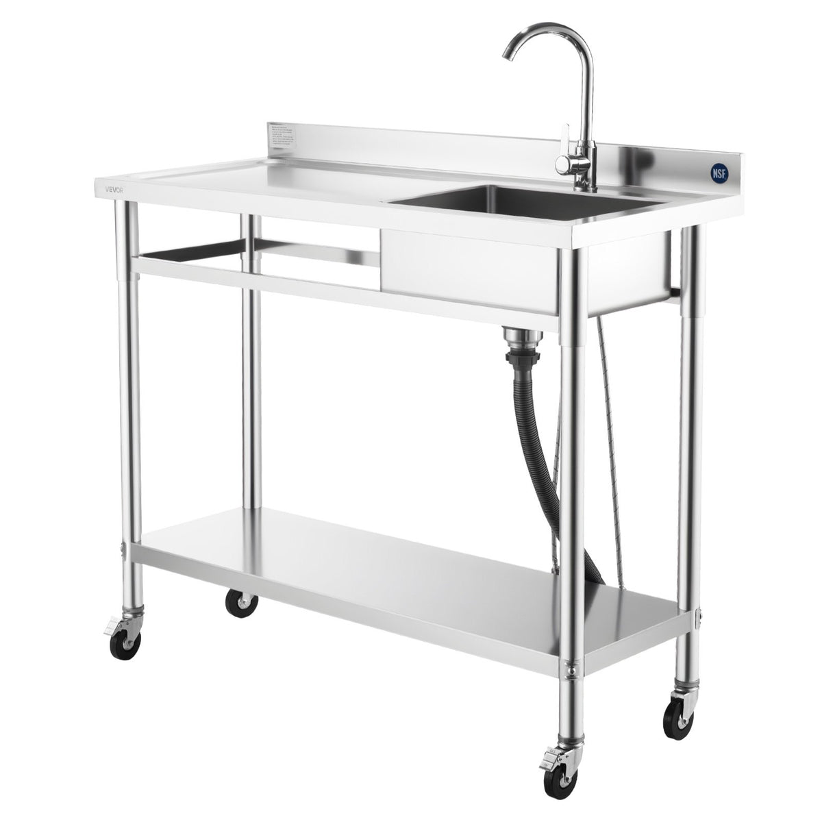 VEVOR Stainless Steel Utility Sink, Rolling Single Bowl Commercial Kitchen Sink with Wheels, Faucet and Hot & Cold Water Pipe, Utility Basin Workbench for Garage Restaurant Laundry 47.2 x 19.7 x 41.5 in - DSCDGZT120CMXH2J6001V0 - view 10