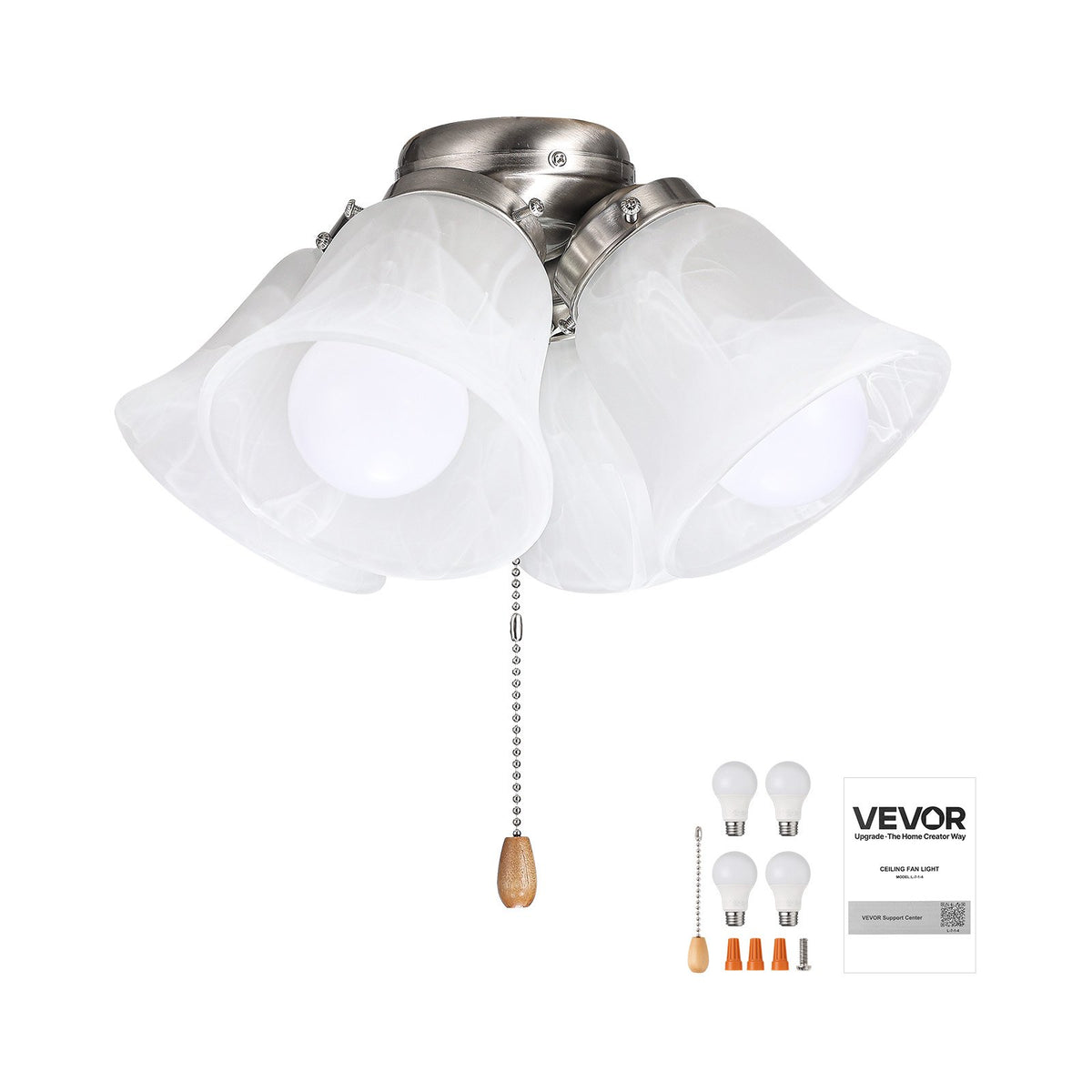 VEVOR Ceiling Fan Light Kit, Four-Light 3000K 750lm Fan Light Kit with Pull Chain, Replacement Light Fixture for Living Room, Bedroom, Home Decor, Cloud White Glass Shade Brushed Nickel, Floral Shape - DSDHDZDYLTK4EGPFE001V6 - view 10