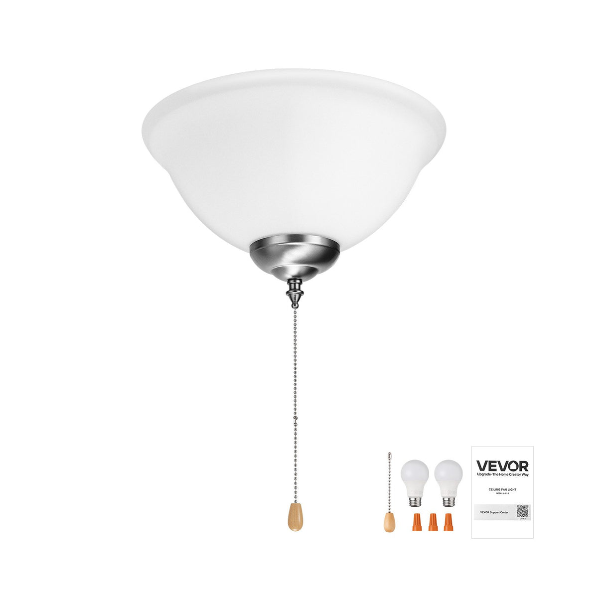 VEVOR Ceiling Fan Light Kit, 750lm 3000K Bowl Shaped Fan Light Kit with Pull Chain, 2 LED Bulbs, Replacement Fixture for Living Room, Dining Room, Bedroom, Indoor, White Glass Shade Brushed Nickel - DSDWZDYLTK1JK9N1K001V6 - view 10