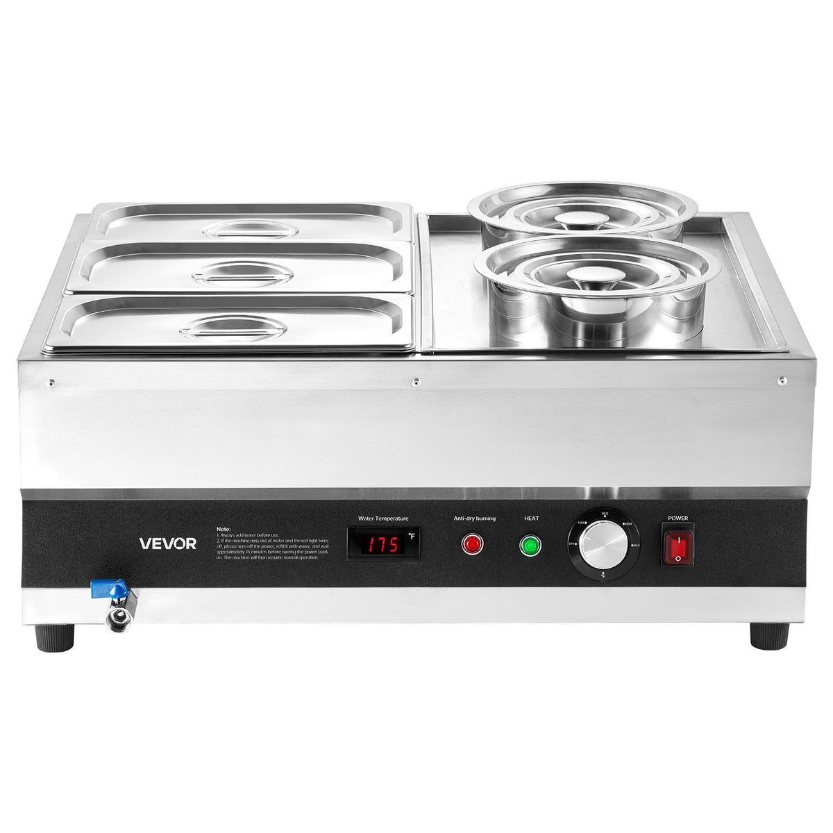 VEVOR Electric Soup Warmer, Two 6.34QT Pots & Three 1/3 Pans, Stainless Steel Commercial Food Warmer with 86~185°F Adjustable Temp, 1500W Bain Marie, Soup Station for Restaurant, Buffet - DSWPSYTGWFPZWT6B9001V1 - view 10