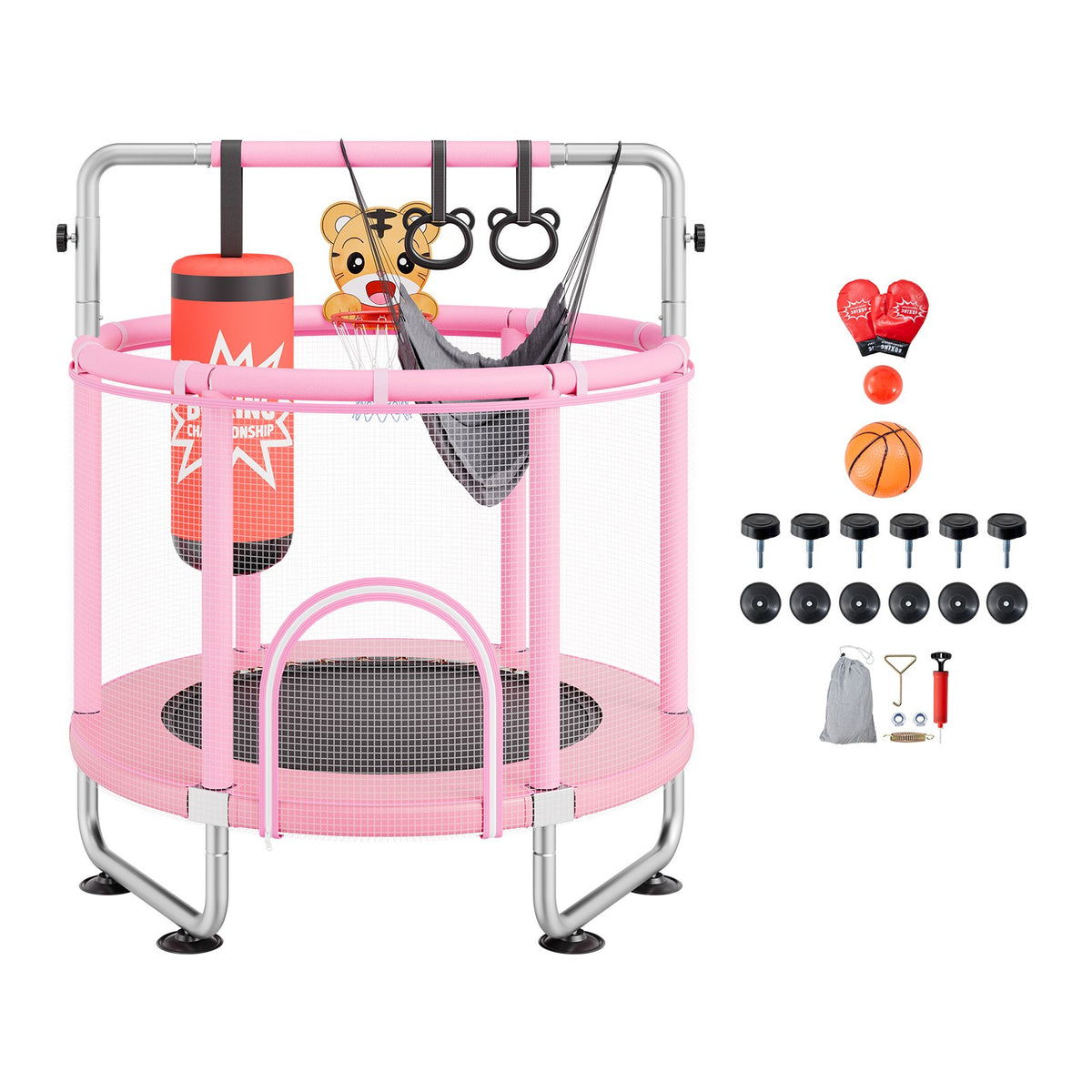 VEVOR 55" Kids Trampoline, 4.6FT Indoor Outdoor Trampoline, Mini Toddler Recreational Trampolinewith Safety Enclosure Net and Basketball Hoop, Birthday Gifts Christmas Toys for 3+ Years Children, Pink - DWYXBC55CDWYUF9SBV0 - view 10