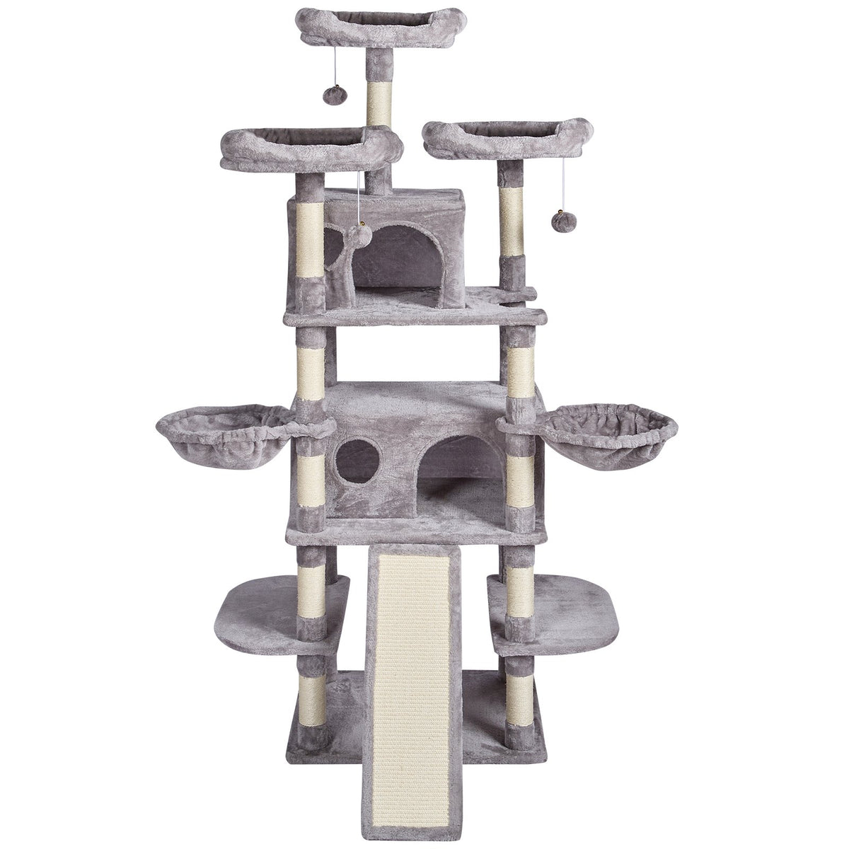 VEVOR Cat Tree for Indoor Cats, 68.5" Cat Tower with 2 Cat Condos, Sisal Scratching Post, Hammocks, Top Perches, Jumping Platforms and Ramp, Cat Furniture Activity Center with Hang Balls, Light Grey - DXSMS6C2FQH0WG36KV0 - view 10