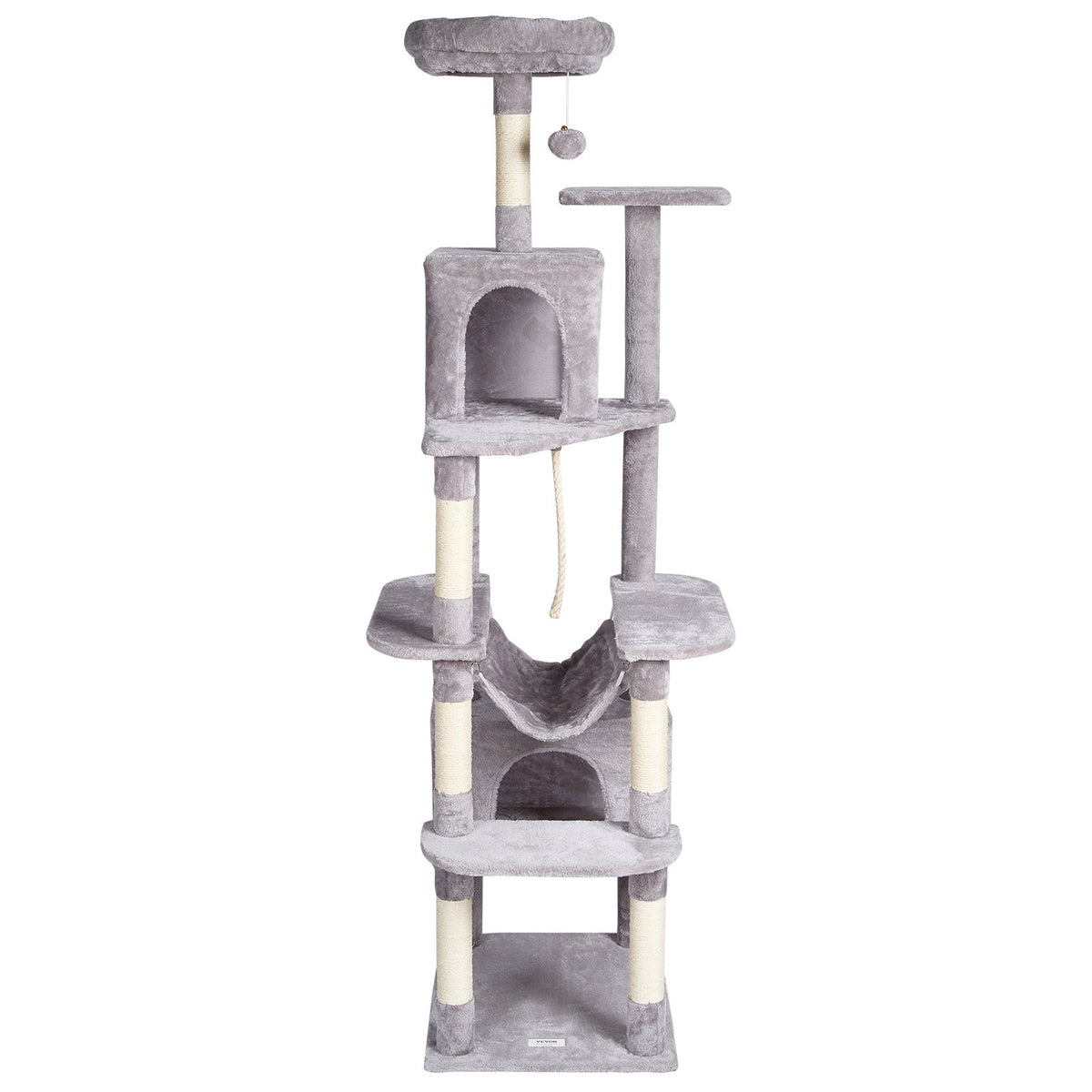 VEVOR Cat Tree for Indoor Cats, 72" Cat Tower with 2 Cat Condos, Sisal Scratching Post, Hammock, Top Perch, Jumping Platforms, Large Cat Furniture Activity Center with Hang Ball, Light Grey - DXSMS9C2FQH0LAOT7V0 - view 10