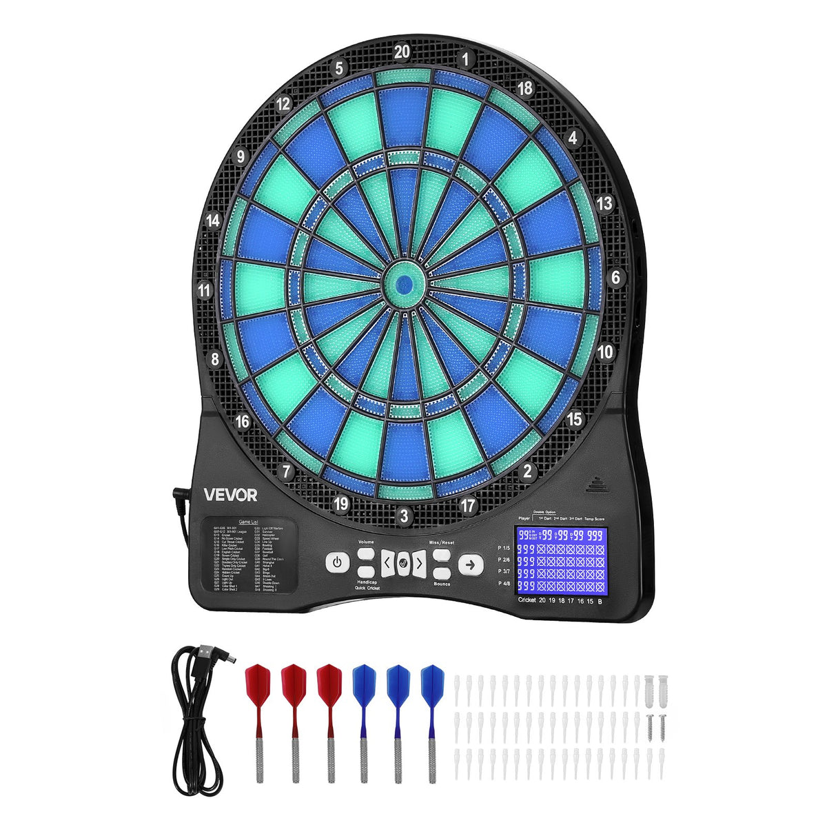 VEVOR Electronic Dart Board, LED-Illuminated Target Dartboard with 48 Games & 500+ Variations, Includes 6 Dart Shafts with Flights & 50 Soft Tips, Cricket Scoring LCD Screen - Supports Up to 8 Players - DZFBB135INCHH242X001V9 - view 10