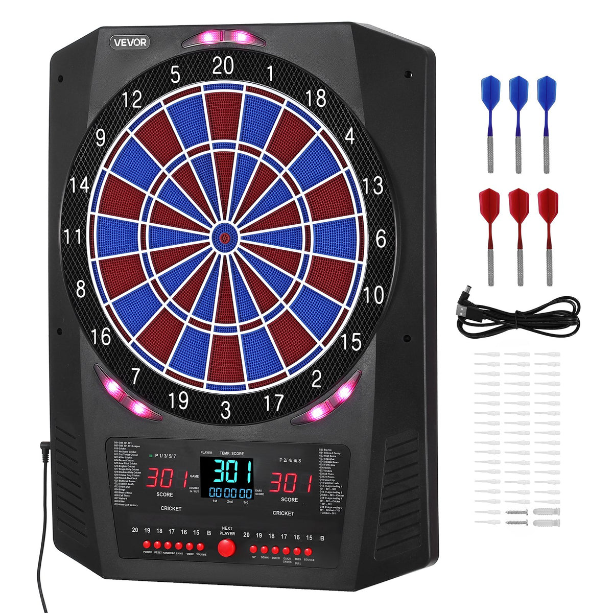 VEVOR Electronic Dart Board, 13.5" Target Dartboard with 45 Games & 474 Variations for Up to 8 Players, 6 Dart Shafts with Flights & 50 Soft Tips, Color LED Cricket Scoring Screen for Home Party Bar - DZFBB135INCHUY3BZ001V9 - view 10