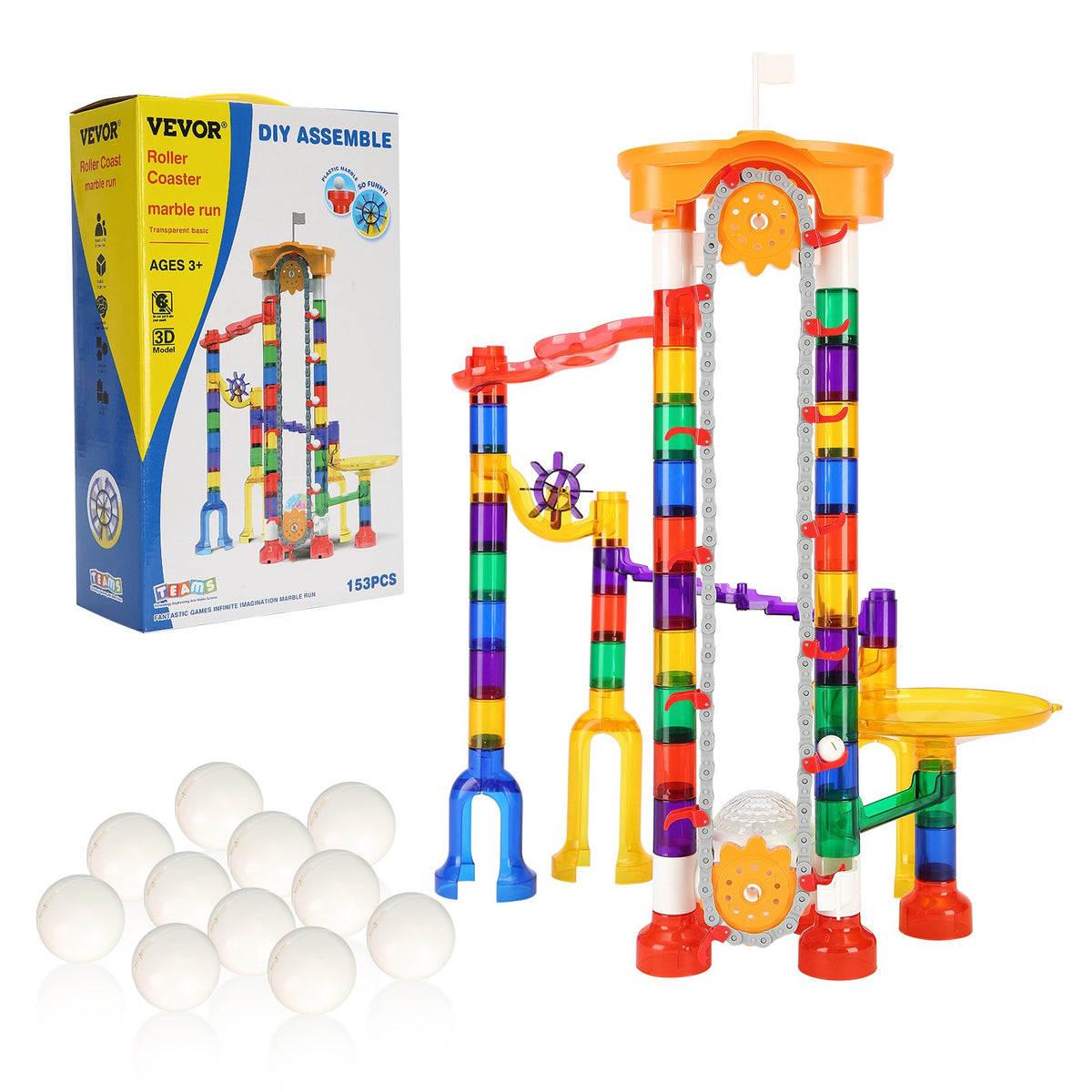 VEVOR Marble Run Set, 153 PCS with Motorized Elevator, with 30 Plastic Marbles, Marble Maze Building Block Brain Game, Educational Learning Race Track STEM Toys, for Kids, Boys, Girls Ages 3 + Years - DZYXTZBTMCSS5D71TV9 - view 10