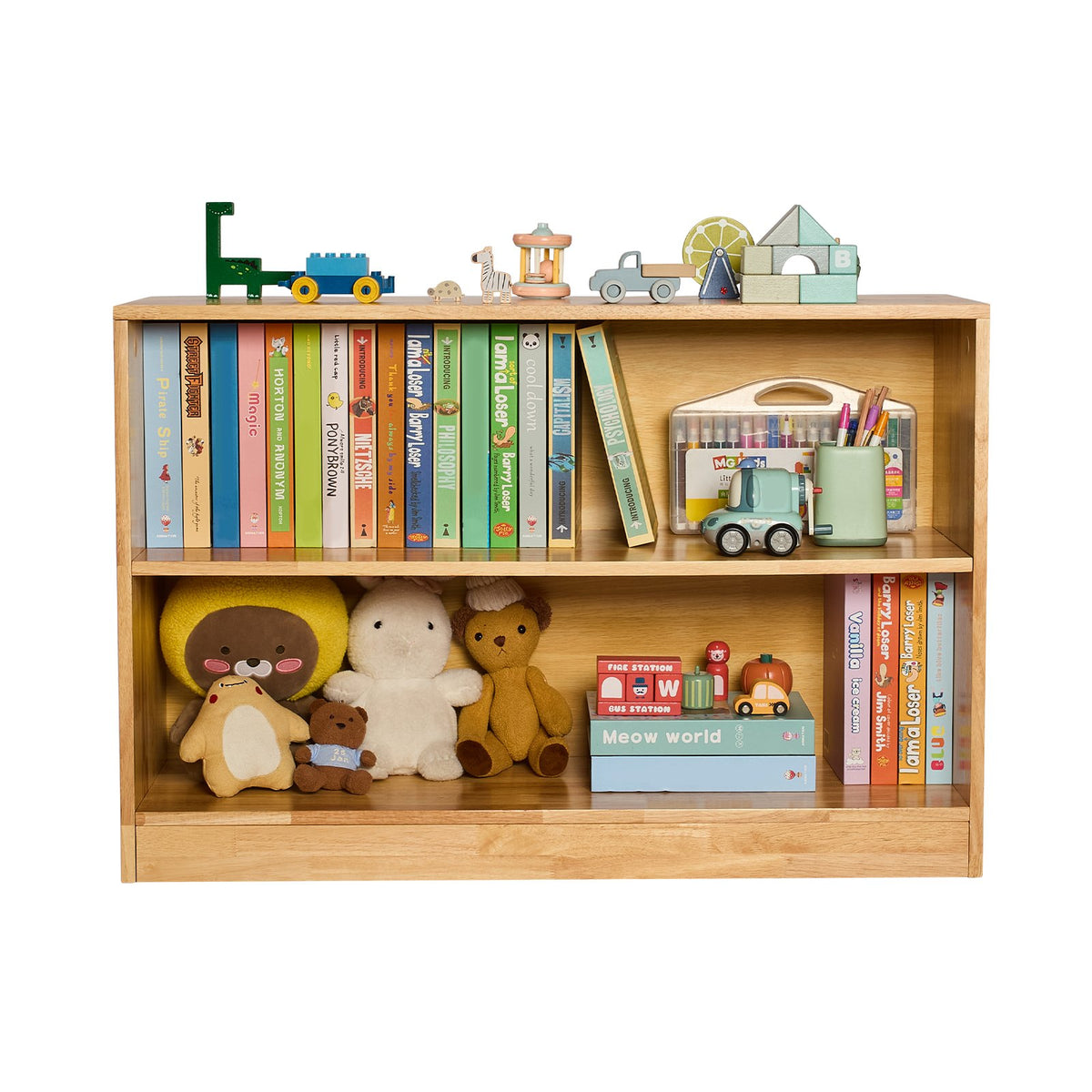 VEVOR Montessori Bookshelf, 35.4 in Width Toy Storage Organizer, 2-Tier Kids Display Storage Cabinet, Daycare Furniture, Kids Bookshelf for Bedroom, Nursery, Living Room, Entryway, Preschool, Brown - ETCWJGZMZ314P26WX001V0 - view 10