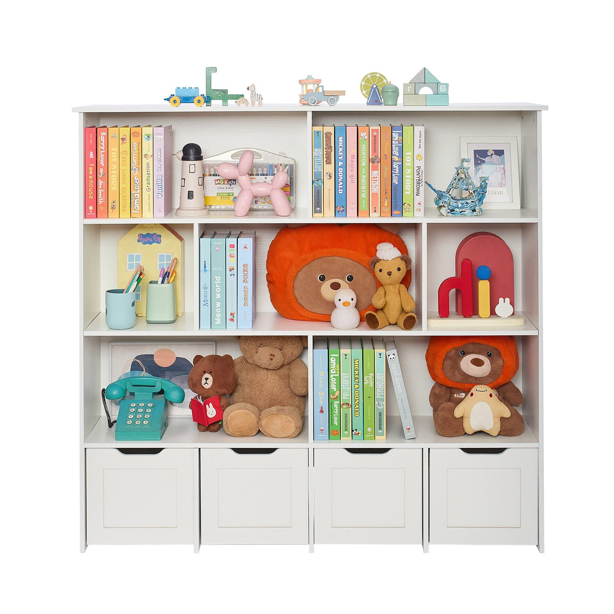 VEVOR Toy Storage Organizer, Wooden Kids Bookshelf with Storage, Toy Storage Cabinet with 4 Mobile Drawers, Kids Storage Organizer for Bedroom, Nursery, Living Room, Entryway, Preschool, White - ETCWJGZMZ4150356W001V0 - view 10
