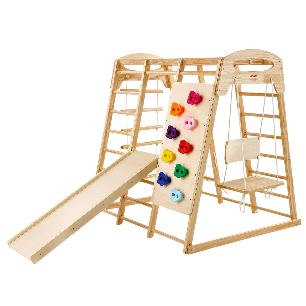 VEVOR Indoor Jungle Gym, 7-in-1 Toddler Indoor Playground, 47.2 x 58 x 56 inch, with Wood and Rope Ladder, Net Ladder, Swing, Monkey Bar, Slide, Climbing Wall, Wooden Indoor Climbing Toys for Kids - ETSNYLCYMSQHBNZHB001V0 - view 10