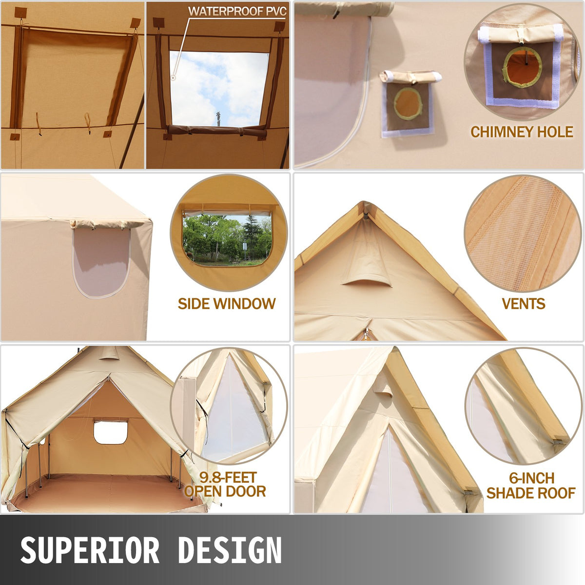 VEVOR Large Canvas Tent 12x14ft, Wall Tent with PVC Storm Flap, Canvas Wall Tents Waterproof, Canvas Camping Tents With Stove Hole for 8-10 people Outdoor Party Hiking Barbecue - FBQZP12X14ZH00001V0 - view 3