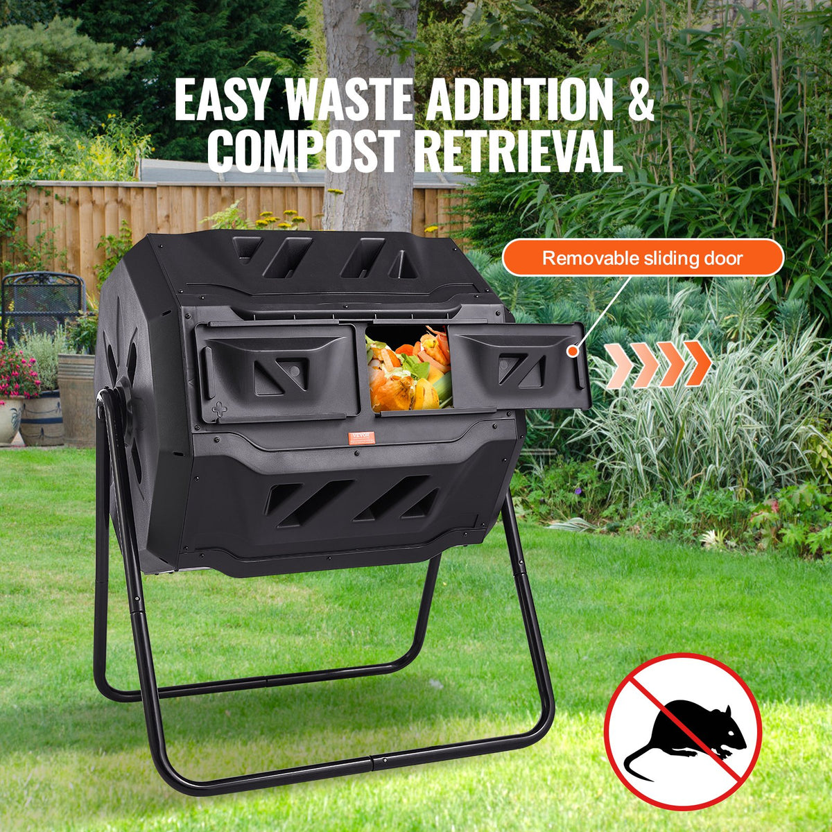 VEVOR Compost Bin, 43-Gal Dual Chamber Composting Tumbler, Large Tumbling Rotating Composter with 2 Sliding Doors and Steel Frame, BPA Free Composter Bin Tumbler for Garden, - FGDFJ43JL000693KAV0 - view 3