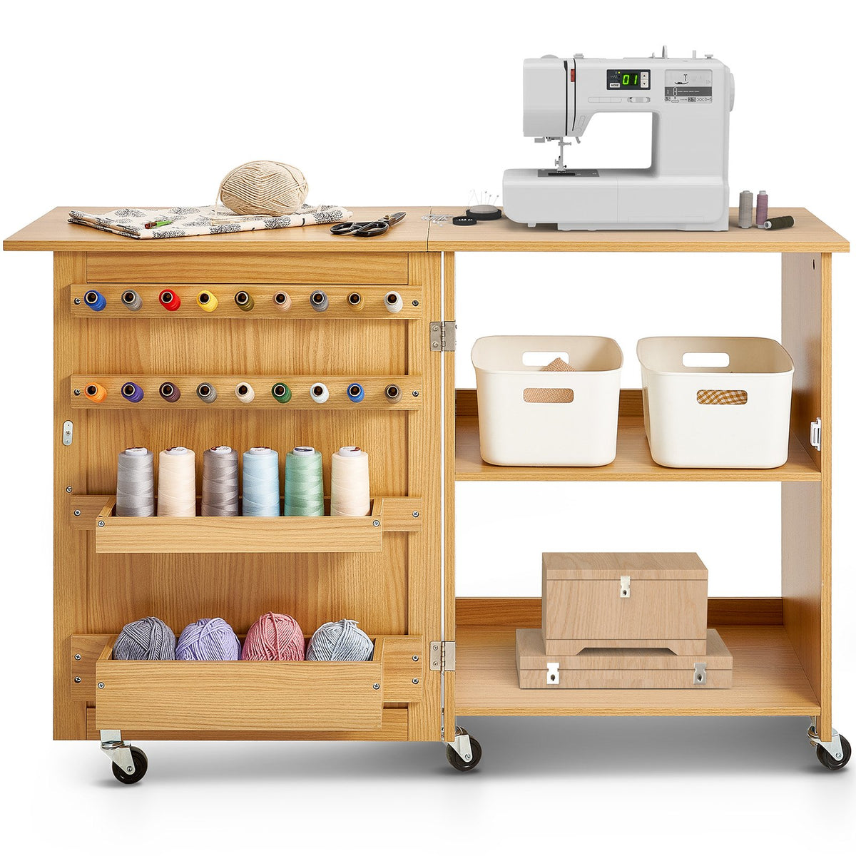 VEVOR Folding Sewing Table, Multipurpose Sewing Machine Table with Compact Design, Wheels, Shelves, Storage Trays, Wooden Pegs, and Magnetic Doors, Sewing Desk Cabinet for Sewing Machine, Wood Color - FRZJYXXKZDBH6WYM1V0 - view 10