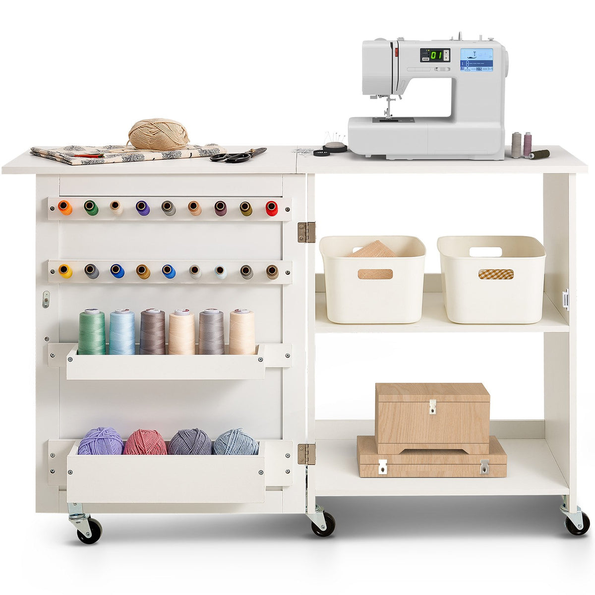 VEVOR Folding Sewing Table, Multipurpose Sewing Machine Table with Compact Design, Wheels, Shelves, Storage Trays, Wooden Pegs, and Magnetic Doors, Sewing Desk Cabinet for Sewing Machine, White - FRZJYXXKZDBHL2LV9V0 - view 10