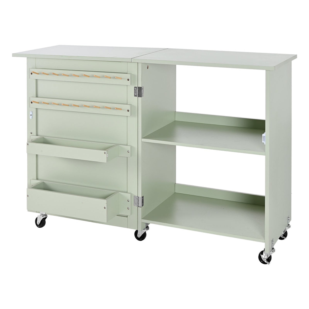 VEVOR Folding Sewing Table, Multipurpose Sewing Machine Table with Compact Design, Wheels, Wooden Pegs, Storage Trays and Shelf, Magnetic Door Lock, Craft Station and Side Desk for Home, Light Green - FRZJYXXKZDBHMMZ91001V0 - view 10