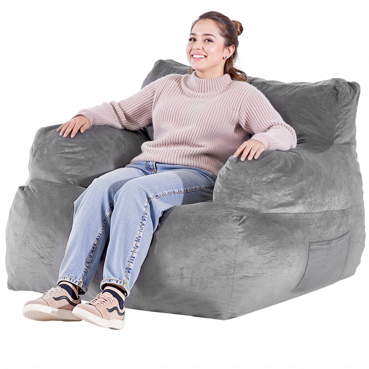 VEVOR Bean Bag Chair, BeanBag Sofa Chair with Armrests for Adults, Fluffy Plush & High-Density Foam Filling Adult Bean Bag with Zapper, Comfy Lazy Sofa Chair Ideal for Living Room, Bedroom, Grey - FSYXCRDDY45448AWFV0 - view 10