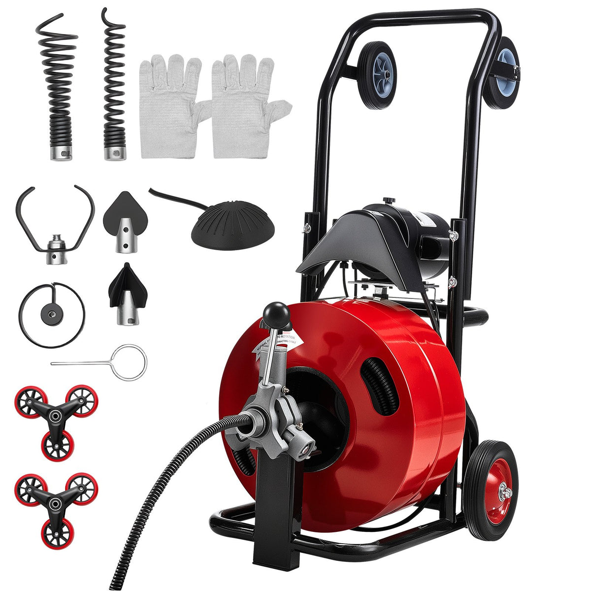 VEVOR Drain Cleaner Machine 100 FT x 3/4 Inch, Auto Feed Sewer Snake Auger, Portable Drain Cleaning Machine with Multi-Wheel Combination, 6 Cutters & Air-Activated Foot Switch for 4" to 8" Pipes - GDSTJLSGTSZD6CZH9001V1 - view 10