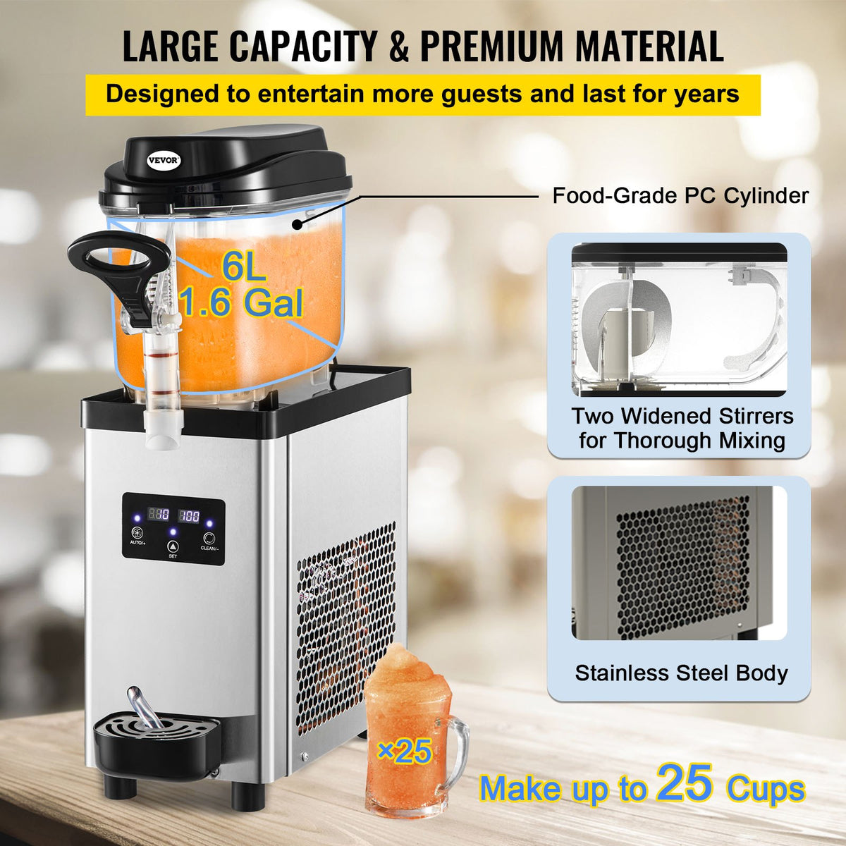 VEVOR Commercial Slushy Machine, 300W 110V, 6L/1.6 Gal 25 Cups Single-Bowl, Stainless Steel Margarita Smoothie Frozen Drink Maker, Slushie Machine for Cafes Restaurants Bars Home - GSJBXR16L110V8GNXV1 - view 3