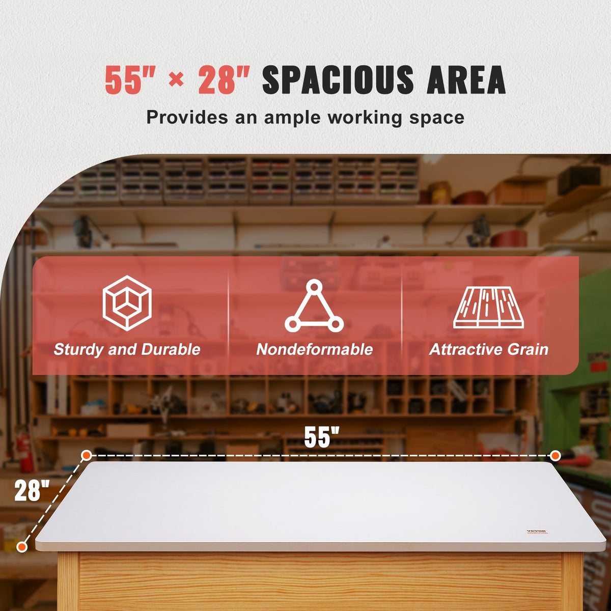VEVOR Table Top, Holds up to 220.5 lbs, 55" x 28" x 1" Rectangular Countertop for Height Adjustable Electric Standing Desk Frame, Universal One-Piece Particle Board Desktop for - GZTZMBHB5528PV06SV0 - view 3