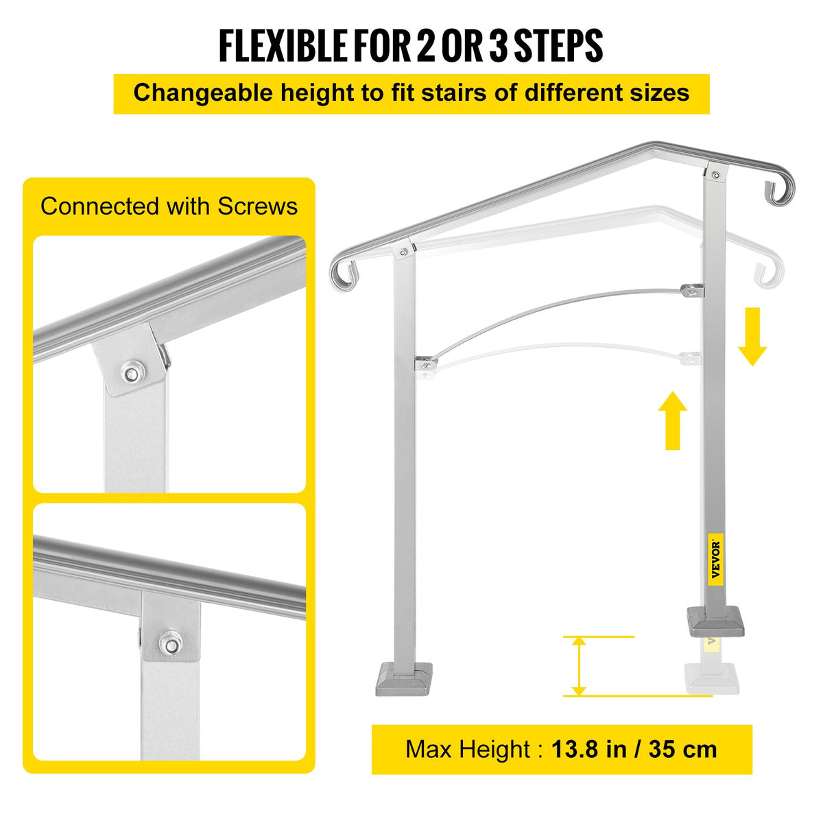 VEVOR Outdoor Stair Railing, Fit 2 or 3 Steps Alloy Metal Handrailing, Front Porch Flexible Transitional Handrail, Arch Step Rail with Installation Kit, for Concrete or Wooden - HWLZLTFSHSCW35IP8V0 - view 3