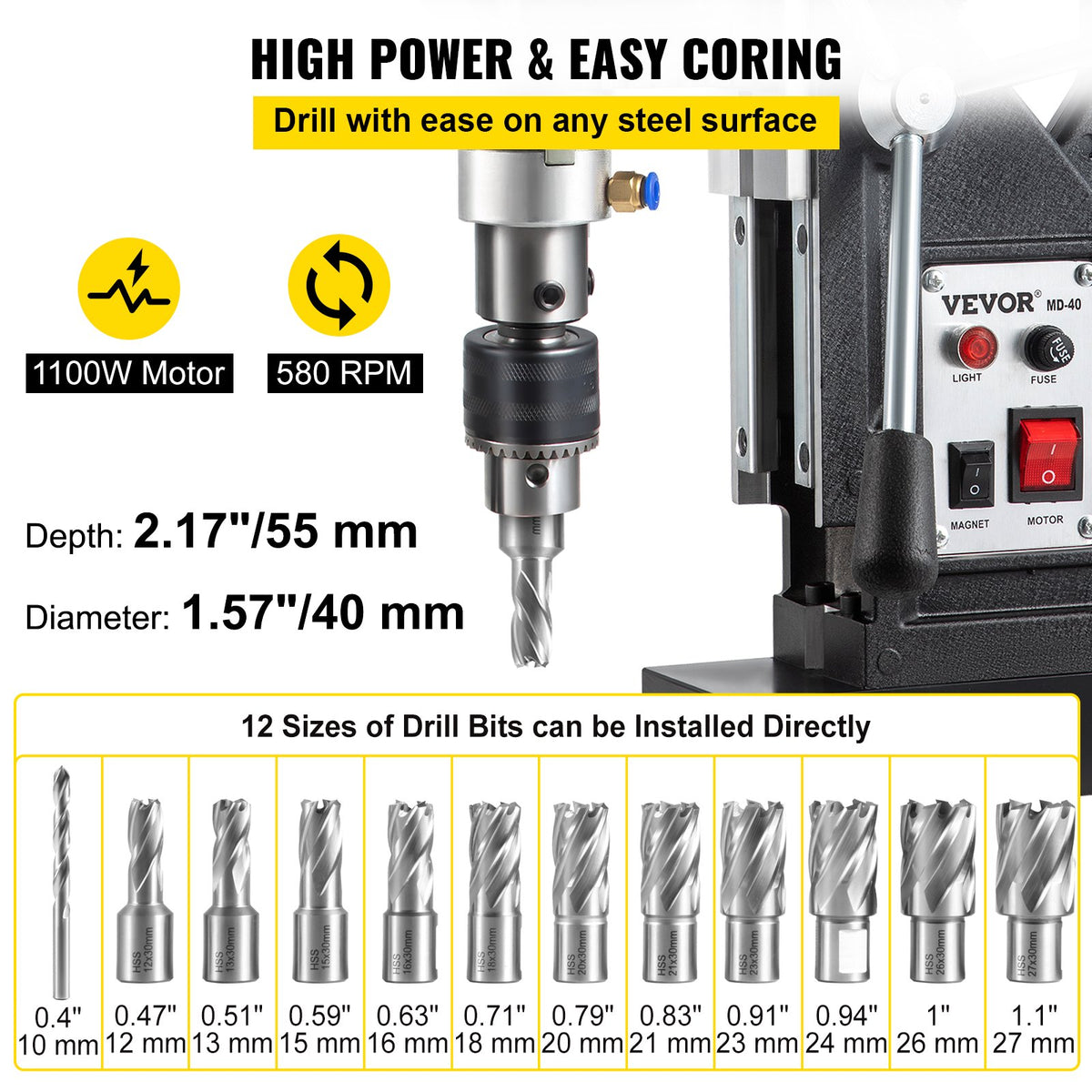 VEVOR Magnetic Drill, 1100W 1.57\" Boring Diameter, 2697lbf/12000N Portable Electric Mag Drill Press with 12 Drilling Bits, 580 RPM Max Speed Drilling Machine for any Surface and - JBLJ11PCS110VBD11V1 - view 3