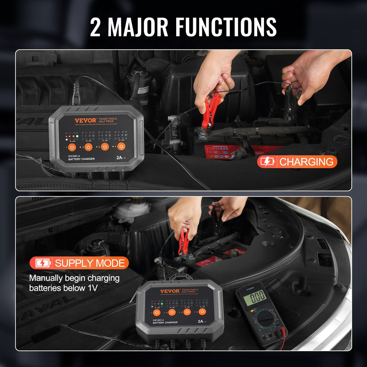 VEVOR 4-Bank Smart Battery Charger, 8A Total, 2A per Bank, for 6V/12V LiFePO4 and Lead-Acid AGM/Gel/SLA Batteries up to 40Ah, Automatic Charger Maintainer, for Motorcycle, ATV and - LDQSCD612V2A4D4DCV5 - view 3