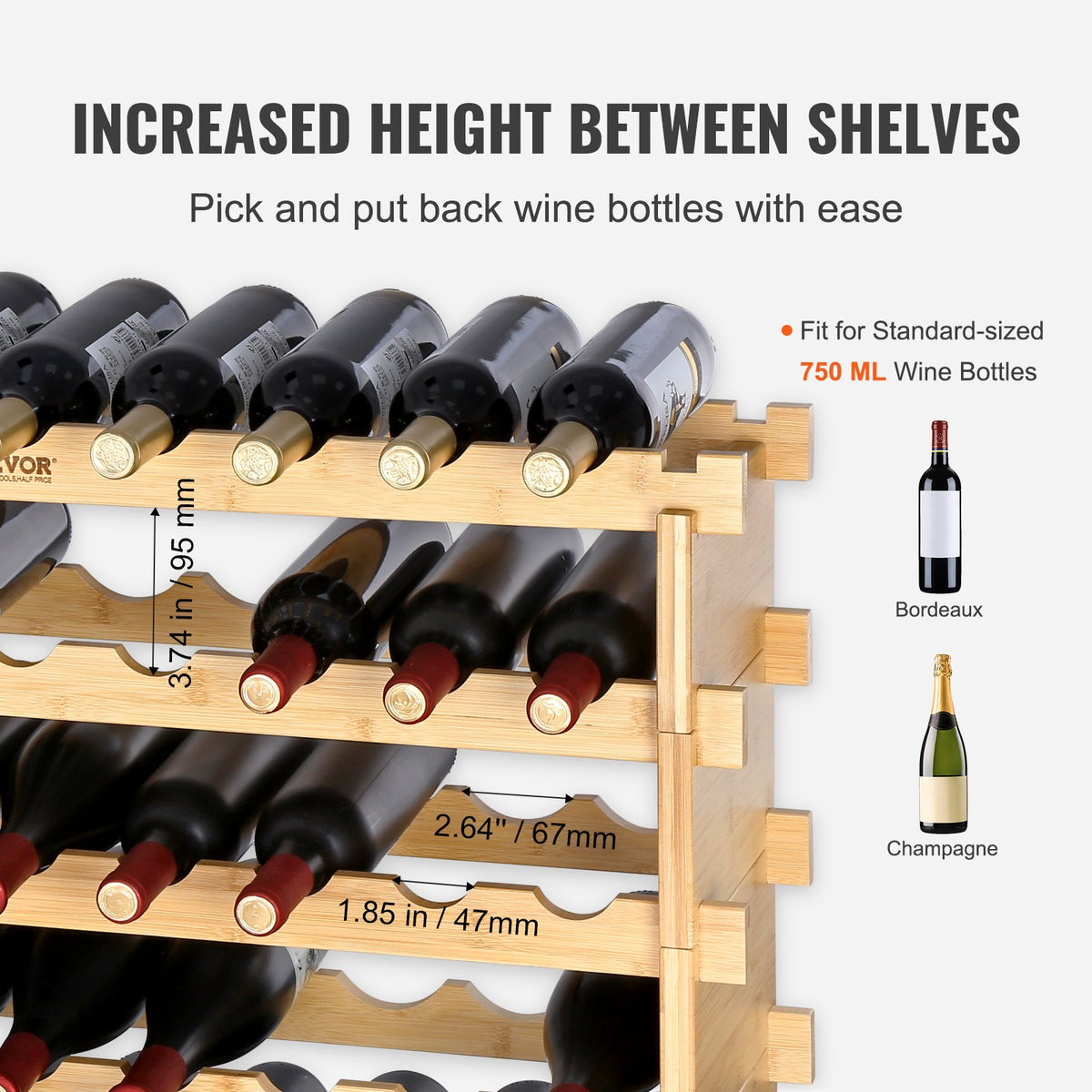 VEVOR 72 Bottle Stackable Modular Wine Rack, 8-Tier Solid Bamboo Wood Storage Racks, Floor Freestanding Wines Holder Display Shelf, Wobble-Free Shelves for Kitchen, Bar, and Cellar (Natural Color) - LSJJZZCPKD872TTK7V0 - view 3