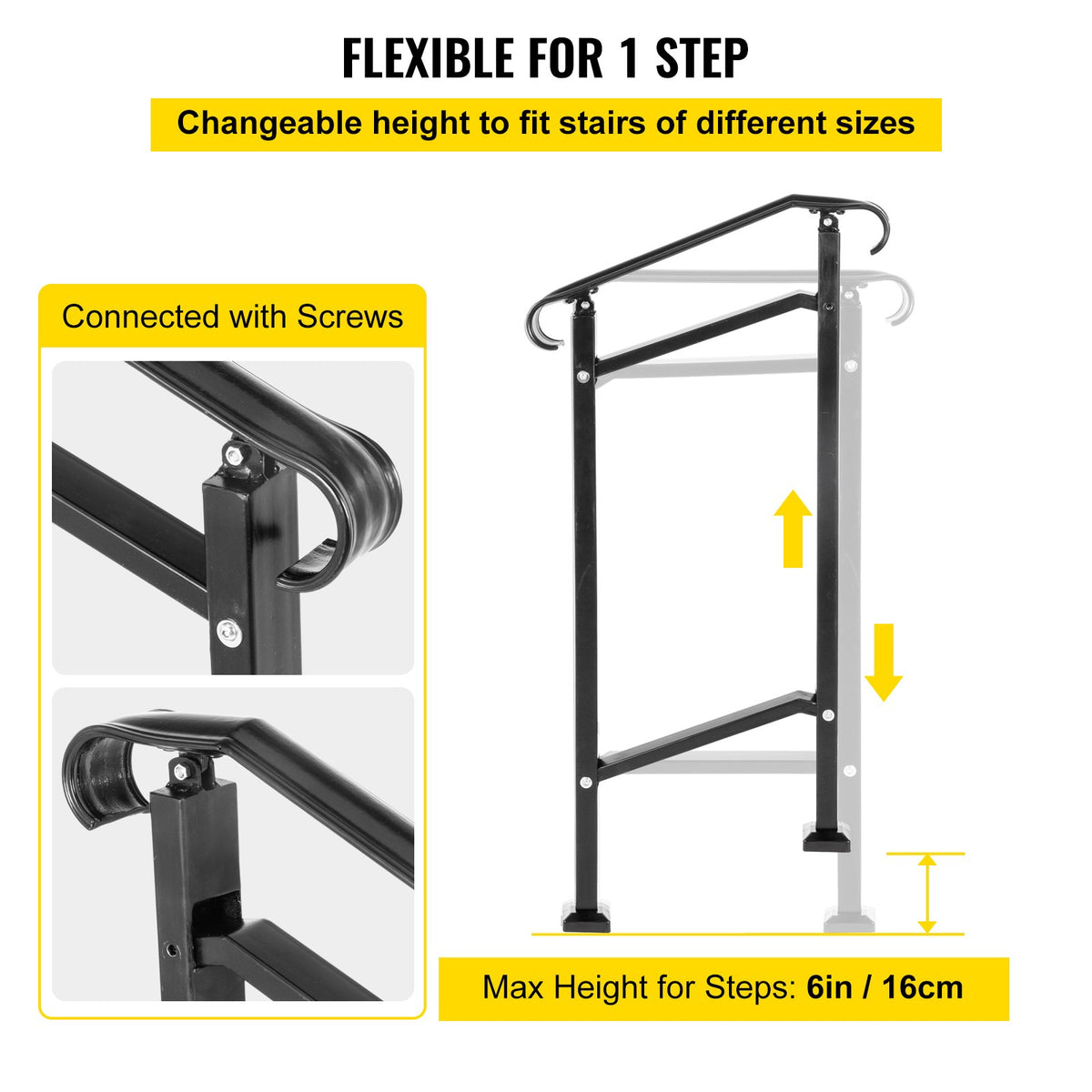 VEVOR Outdoor Stair Railing, Fit 1 or 2 Steps Wrought Iron Handrail, Adjustable Front Porch Hand Railings, Black Transitional Hand Rail for Concrete Steps or Wooden Stairs with - LTFSLDS1BMLFS0001V0 - view 3