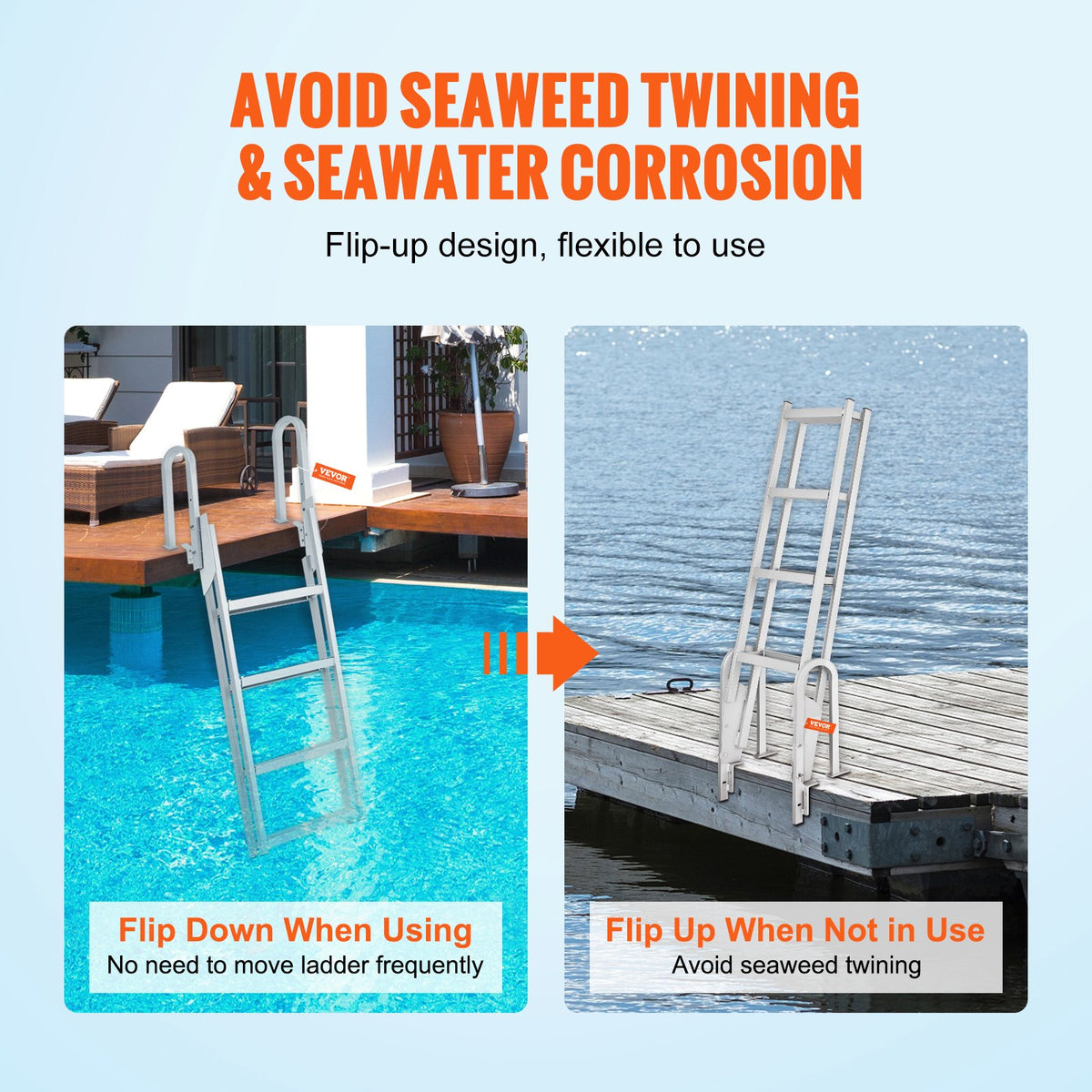 VEVOR Dock Ladder Flip Up 4 Steps, 350lbs Load Capacity, Aluminum Pontoon Boat Ladder with 4" Wide Step & Nonslip Rubber Mat,Swimm Step Ladder for Ship/Lake/Pool/Marine Boarding - MTXTSFSJFHXJD7NNUV0 - view 3