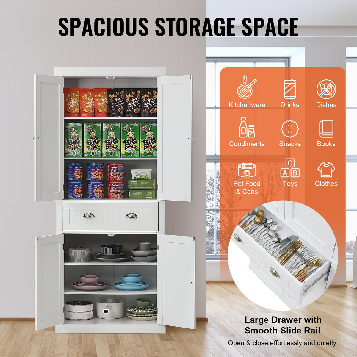 VEVOR 72" Kitchen Pantry Storage Cabinet, Freestanding Utility Cabinets with Doors, Drawer and 3 Adjustable Shelves, Tall Food Buffet Pantries for Kitchen, Living Room, Dinning - MZDKCTCJJ16D9CJGRV0 - view 3