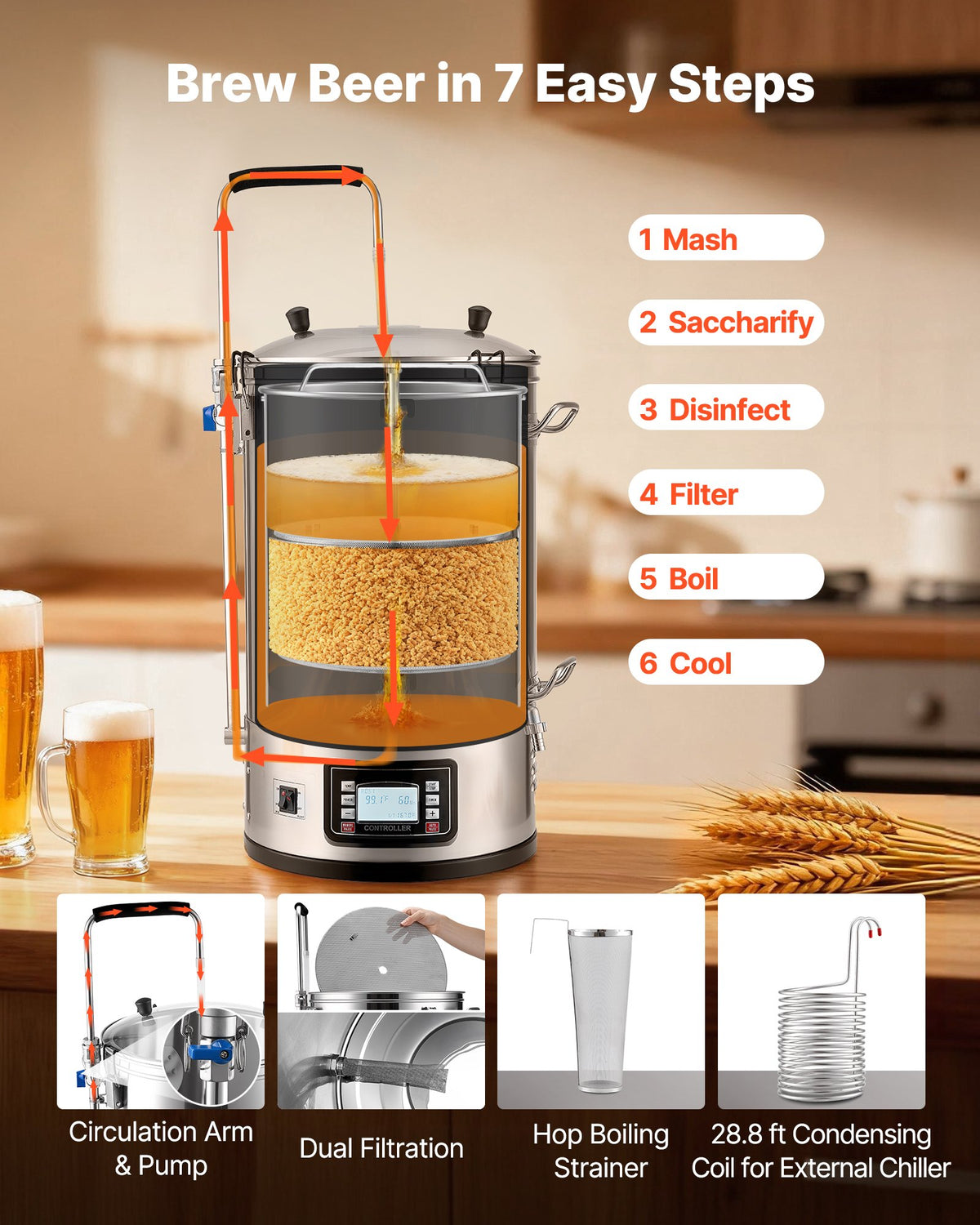 VEVOR Electric Brewing System, 8 Gal/30 L Brewing Capacity, All-in-One Home Beer Brewer with Pump, Mash Boil Device with Panel, Auto/Manual Mode 100-1800W Power 25-100℃ Temp 1-180 - PJNJQBXGM110V8Q06V1 - view 3