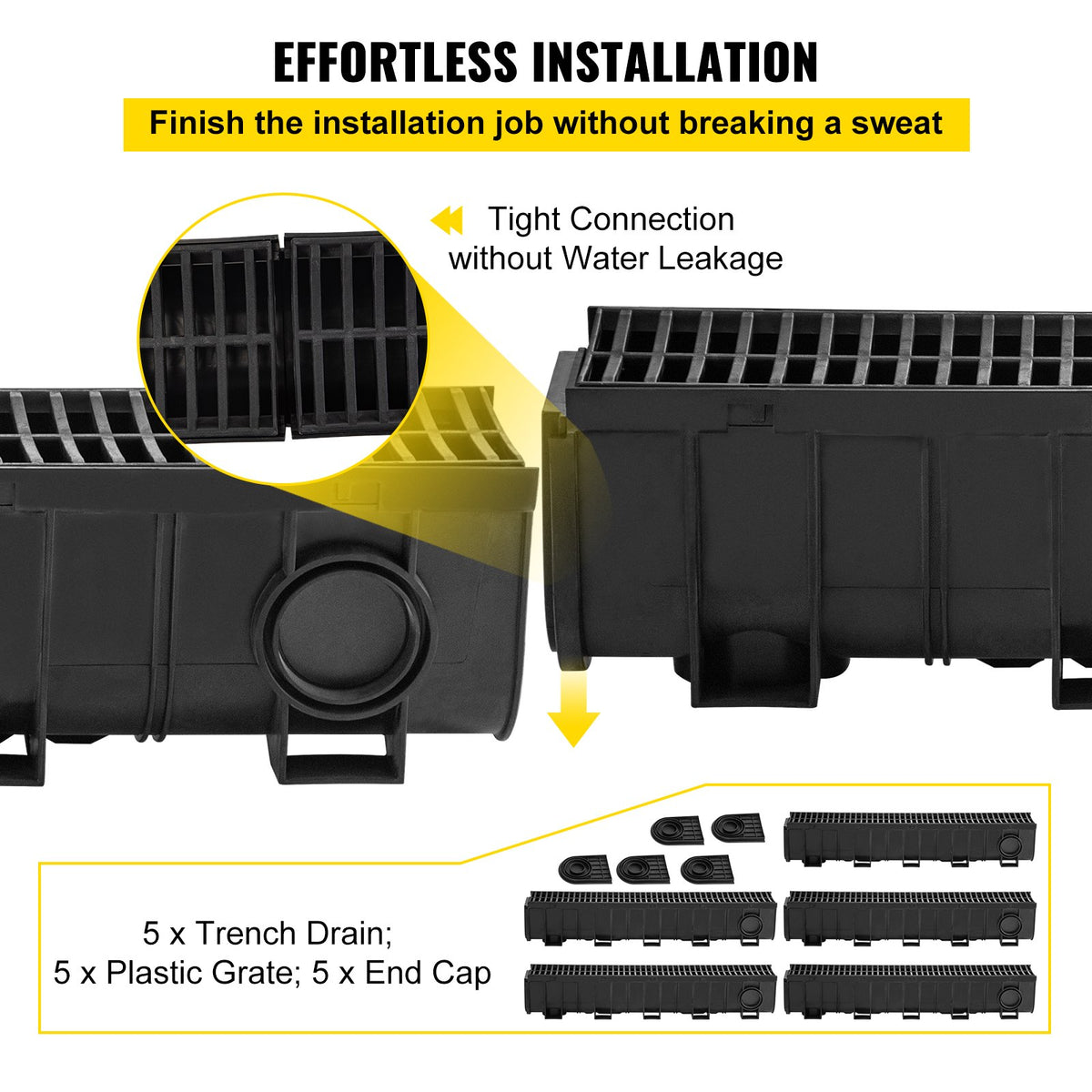 VEVOR Trench Drain System, Channel Drain with Plastic Grate, 5.9x7.5-Inch HDPE Drainage Trench, Black Plastic Garage Floor Drain, 5x39 Trench Drain Grate, with 5 End Caps, for Gard - PSLGM10015050F23MV0 - view 3