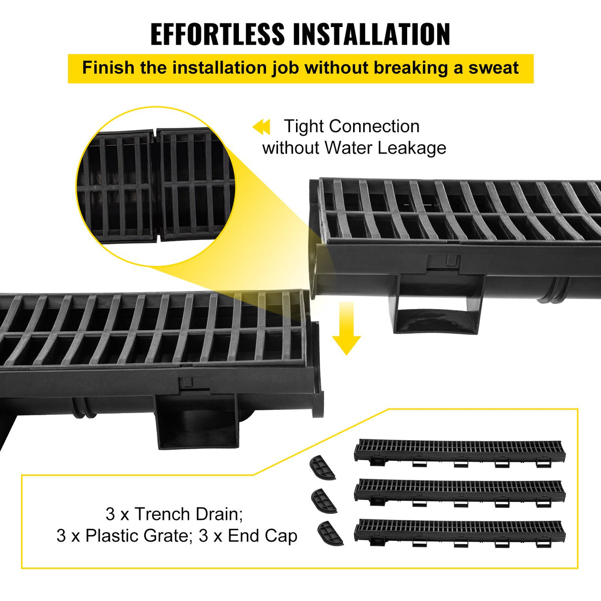 VEVOR Trench Drain System, Channel Drain with Plastic Grate, 5.7x3.1-Inch HDPE Drainage Trench, Black Plastic Garage Floor Drain, 3x39 Trench Drain Grate, with 3 End Caps, for - PSLGM1004538BBROMV0 - view 3