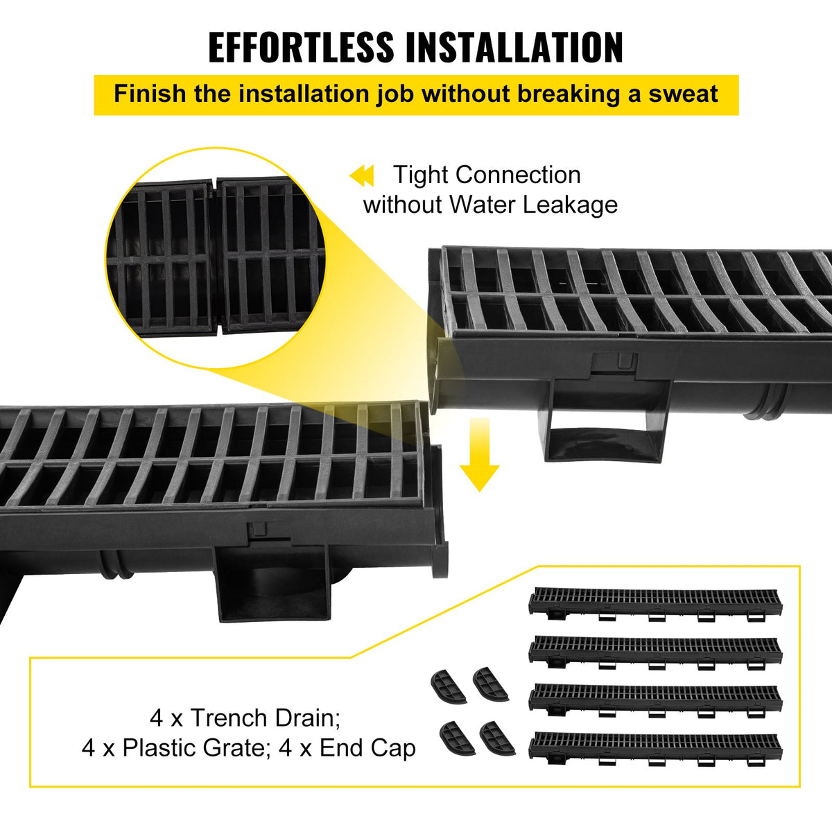 VEVOR Trench Drain System, Channel Drain with Plastic Grate, 5.7x3.1-Inch HDPE Drainage Trench, Black Plastic Garage Floor Drain, 4x39 Trench Drain Grate, with 4 End Caps, for - PSLGM100454IURGNXV0 - view 3