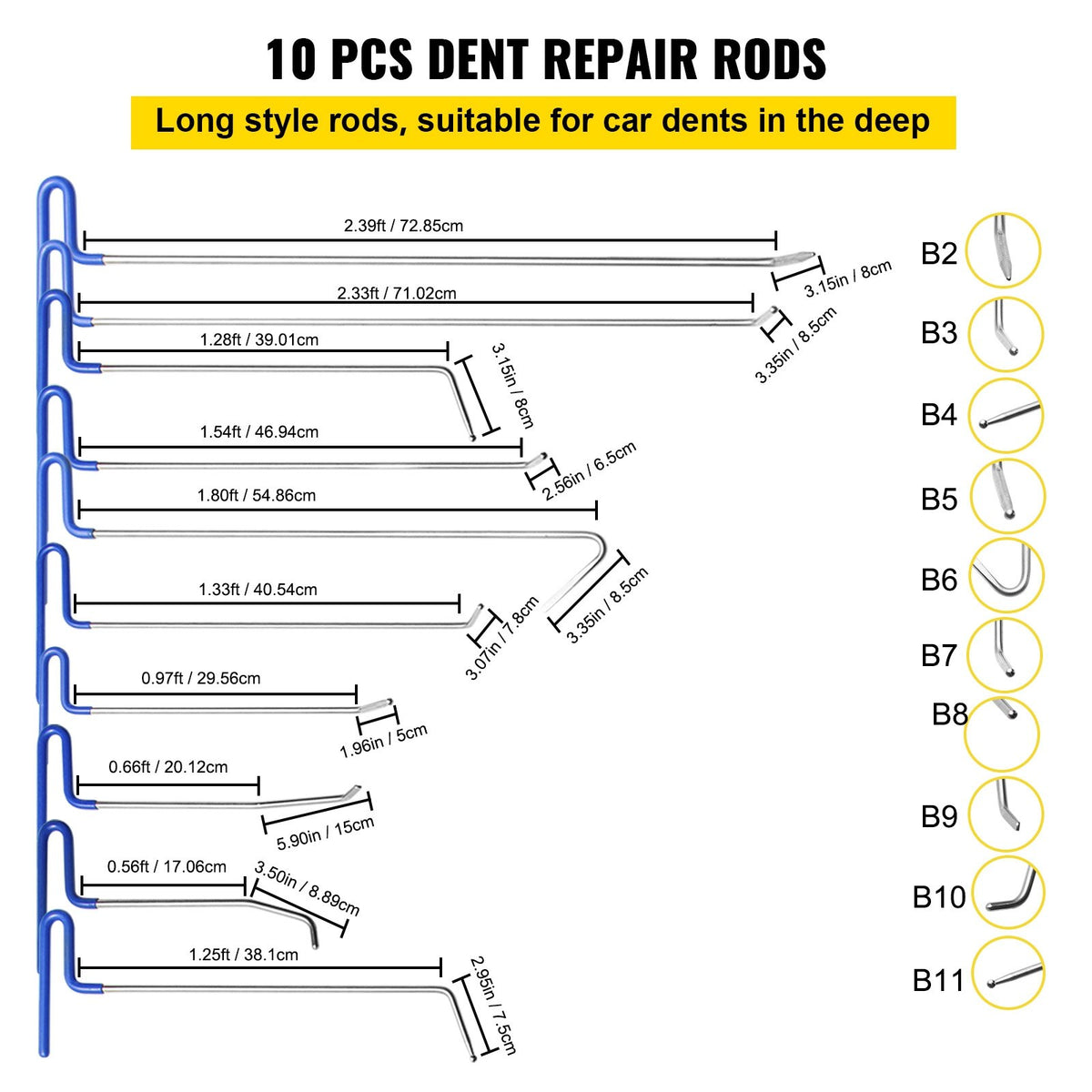 VEVOR Rods Dent Removal Kit, 20 Pcs Paintless Dent Repair Rods, Stainless Steel Dent Rods, Whale Tail Dent Repair Tools, Professional Hail Dent Removal Tool For Minor Dents, Door D - QCAHXFQTJQG200Q7GV0 - view 3