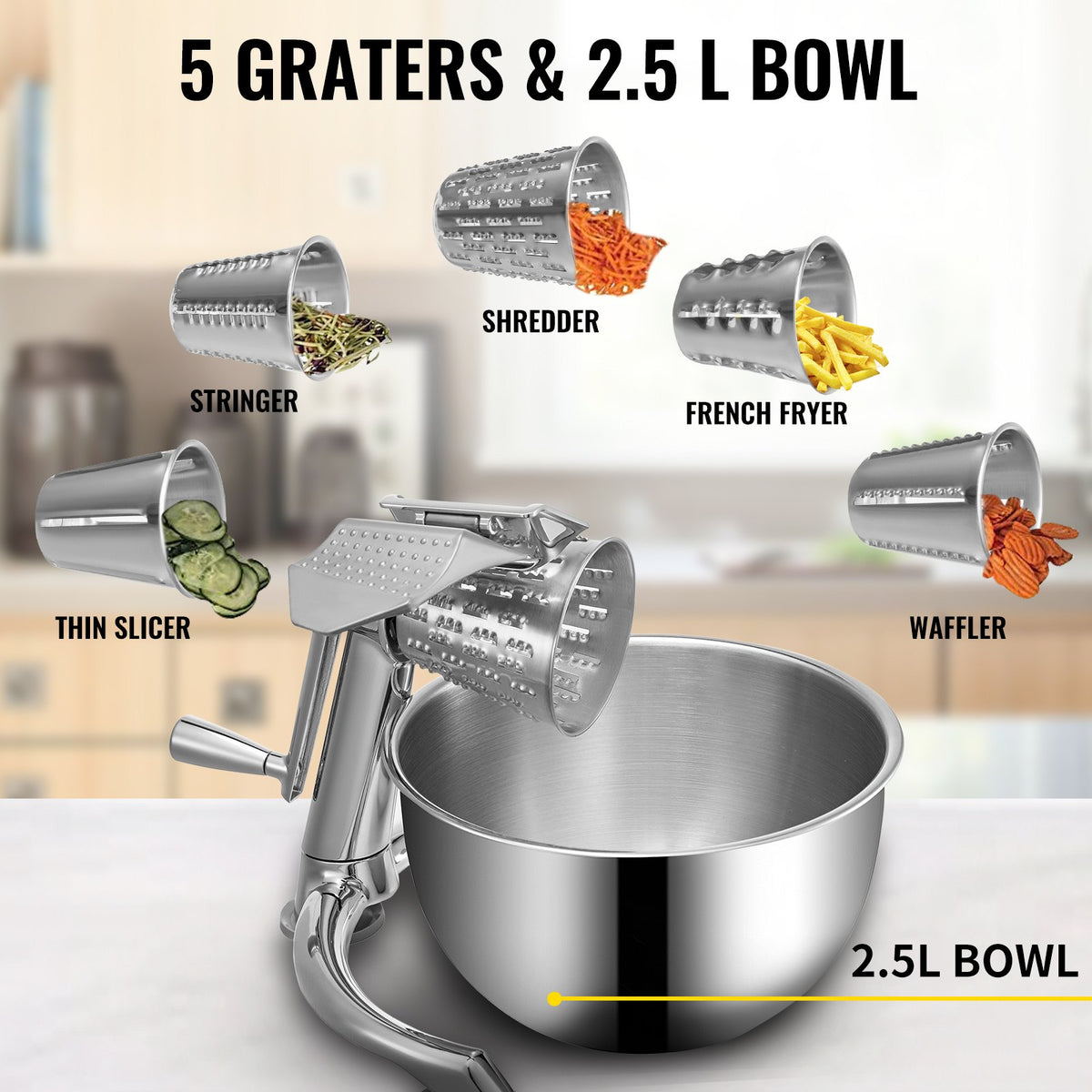 VEVOR Rotary Cheese Grater, Zinc Alloy Rotary Vegetable Mandoline, Manual Cheese Mandoline with 5 Stainless Steel Cutting Cones, Manual Vegetable Grater with 2.5L Bowl, Rotary Shre - QCJSCQPJ000000001V0 - view 3