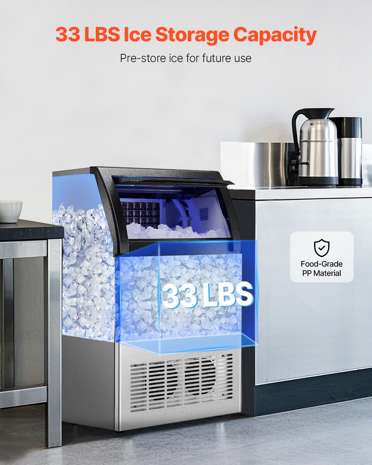 VEVOR Commercial Ice Maker Machine, 130lbs/24H Ice Maker Machine with 33lbs Storage Capacity, 55 Ice Cubes in 15 Minutes, LED Digital Display Freestanding Self-Cleaning for Bar - QSYYTSFBZBJQPC2HMV1 - view 3