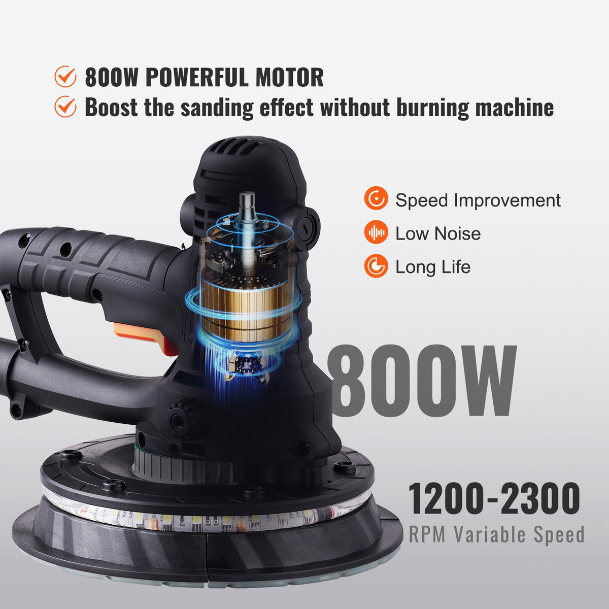 VEVOR Drywall Sander, 800W Electric Sander with 12 Sanding Discs, Variable Speed 1200-2300 RPM Wall Sander with Automatic Vacuum Dust Collection System, Double LED Lights, Dust Bag, Detachable Edge - SCSGQS800WLEDMW1IV1 - view 3