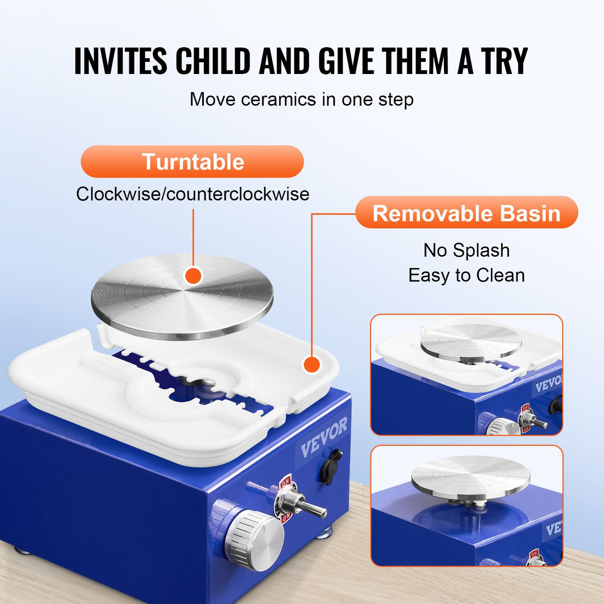 VEVOR Mini Pottery Wheel, for Kids or Beginners, 2 Turntables 2.6in/3.9in Ceramic Wheel Machine, Adjustable 0-300RPM Speed ABS Detachable Basin, 17 Pottery Accessories, Work Art - XSLPJXNLS30W00GROV1 - view 3