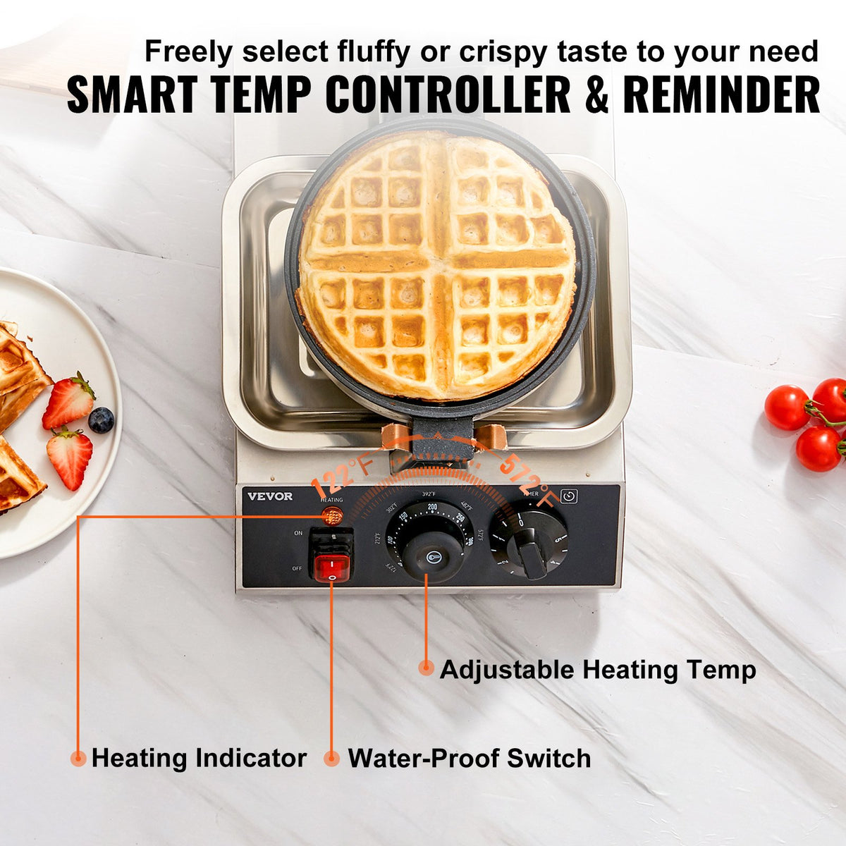 VEVOR Commercial Waffle Maker, 1 Piece per Batch, 1300W Round Waffle Iron, Non-Stick Waffle Baker Machine with 122-572℉ / 50-300℃ Temp Range Teflon-Coated Baking Pans Stainless - YXHFBJHFBFGZ46VD6V1 - view 3