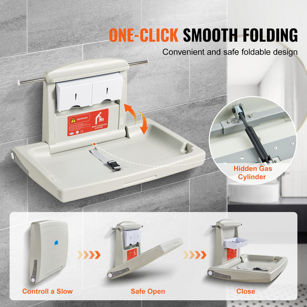 VEVOR Wall-Mounted Baby Changing Station, Horizontal Foldable Diaper Change Table with Safety Straps and Hanging Rods, Use in Commercial Bathrooms, Daycare Centers for Newborns & - YYSNBTHS0000EZO8FV0 - view 3