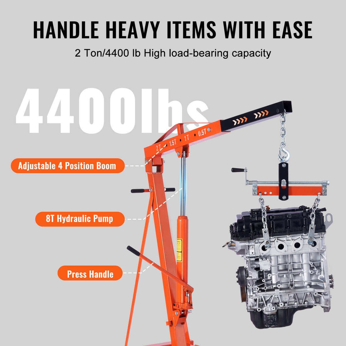 VEVOR Hydraulic Engine Hoist with Lever, 2 Ton/4400 LBS Heavy-duty Cherry Picker Shop Crane, Foldable Engine Crane and Engine Hoist leveler for Auto Repair, Motors, Weights - ZDSFDJQZJCJH2V44JV0 - view 3