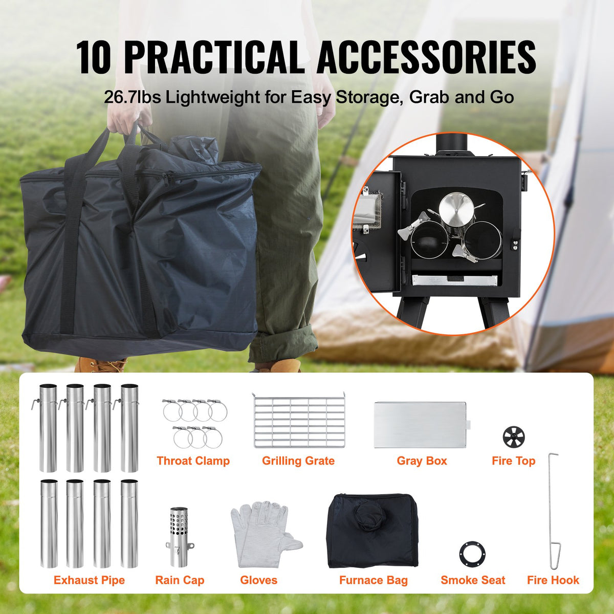 VEVOR Portable Wood Burning Camping Stove with Chimney Pipe Kit, Tent Stove for Outdoor Cooking and Hot Tent Heating, Multiple Sizes - ZPQNLFX86INCH1GEGV0 - view 3