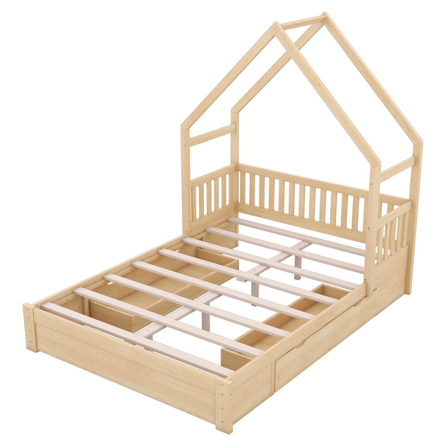 Wood Queen Size House Platform Bed with Guardrail and 2 Drawers, Natural image 18