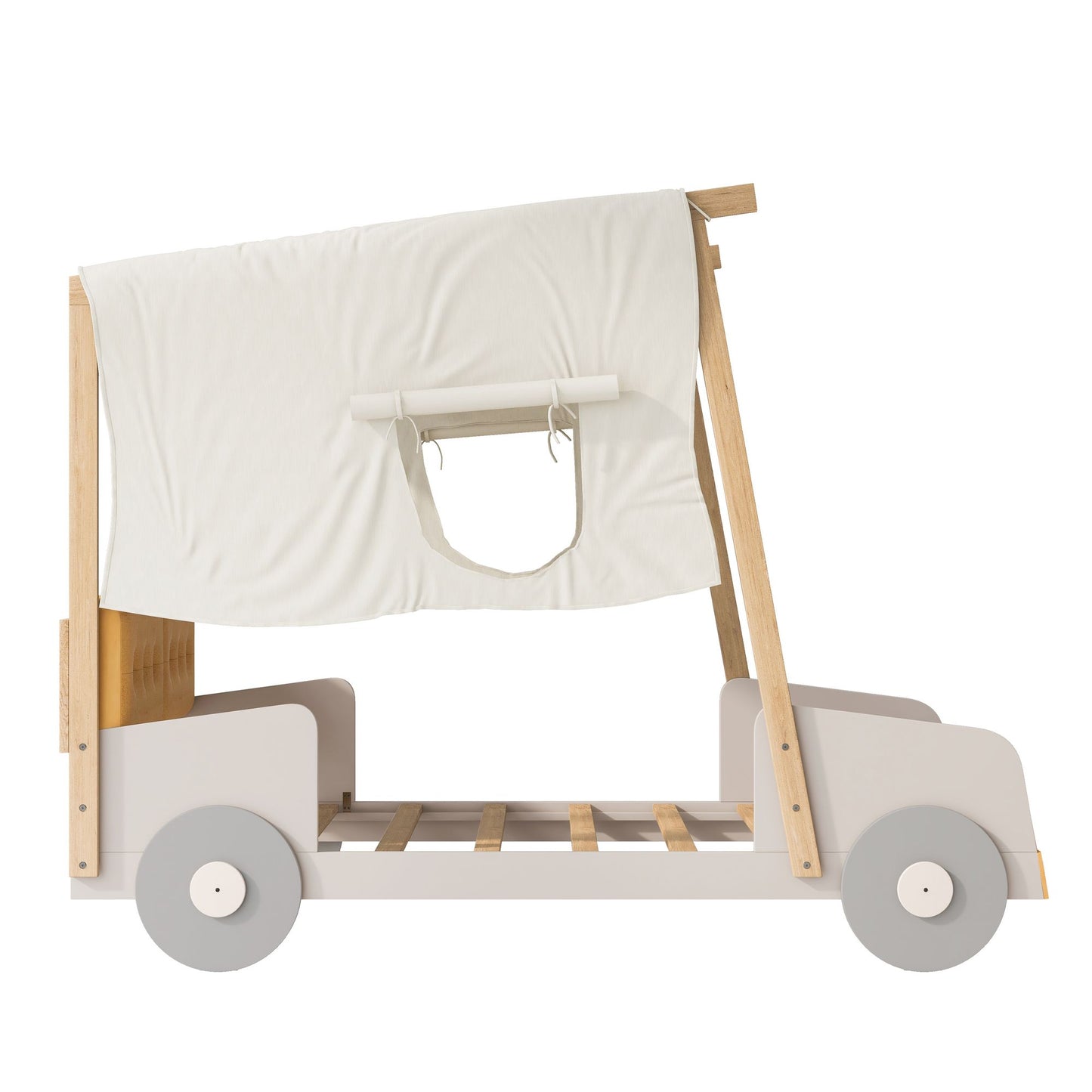 Wood Twin Size Car Bed with Pillow, Ceiling Cloth, Natural image 20