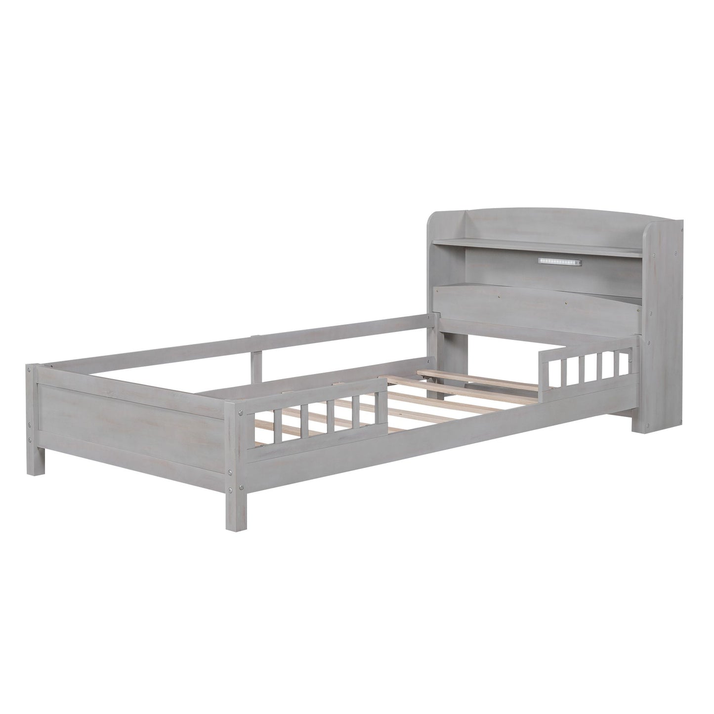 Wood Twin Size Platform Bed with Built-in LED Light, Storage Headboard and Guardrail, Antique Grey image 15