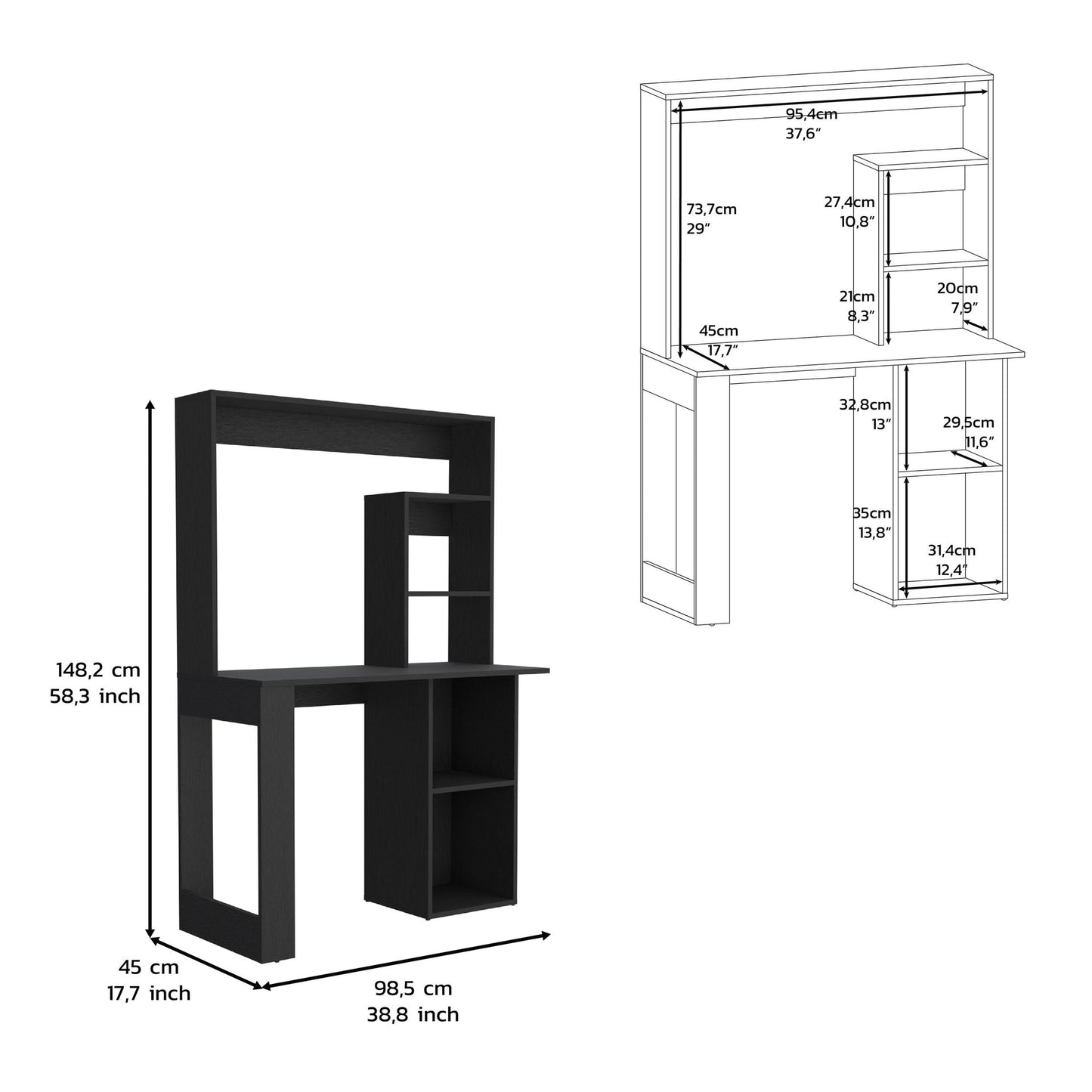 Writing Computer Desk with Storage Shelves and Hutch, Black image 6
