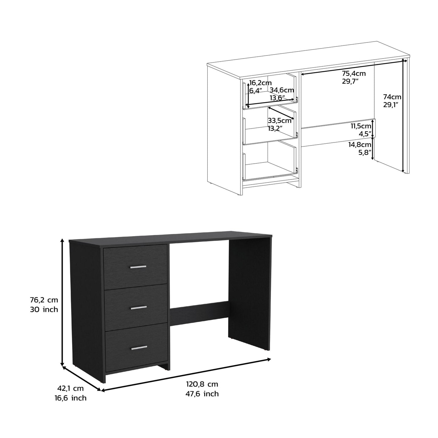 Writing Desk, 3 Drawers, Black image 7